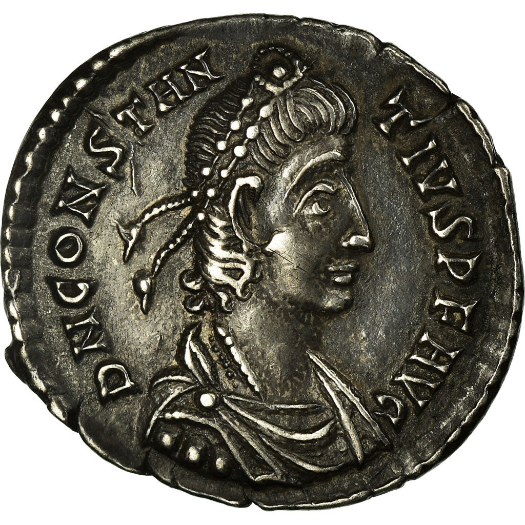 Coin, Constantius II, Silver Denarius, Siscia, AU(55-58), Silver, RIC:360