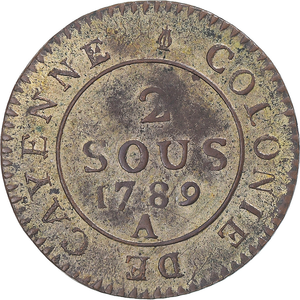Coin, France, Cayenne, Louis XVI, 2 Sous, 1789, Paris, EF(40-45), Billon, KM:1