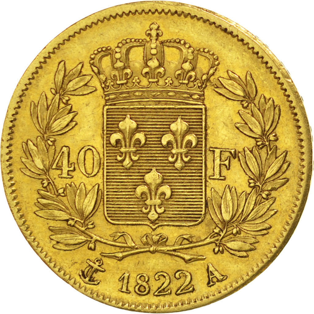 Louis XVIII, 40 Francs or, 1822 A, Paris, Rarissime, PCGS AU50, Gadoury 1092