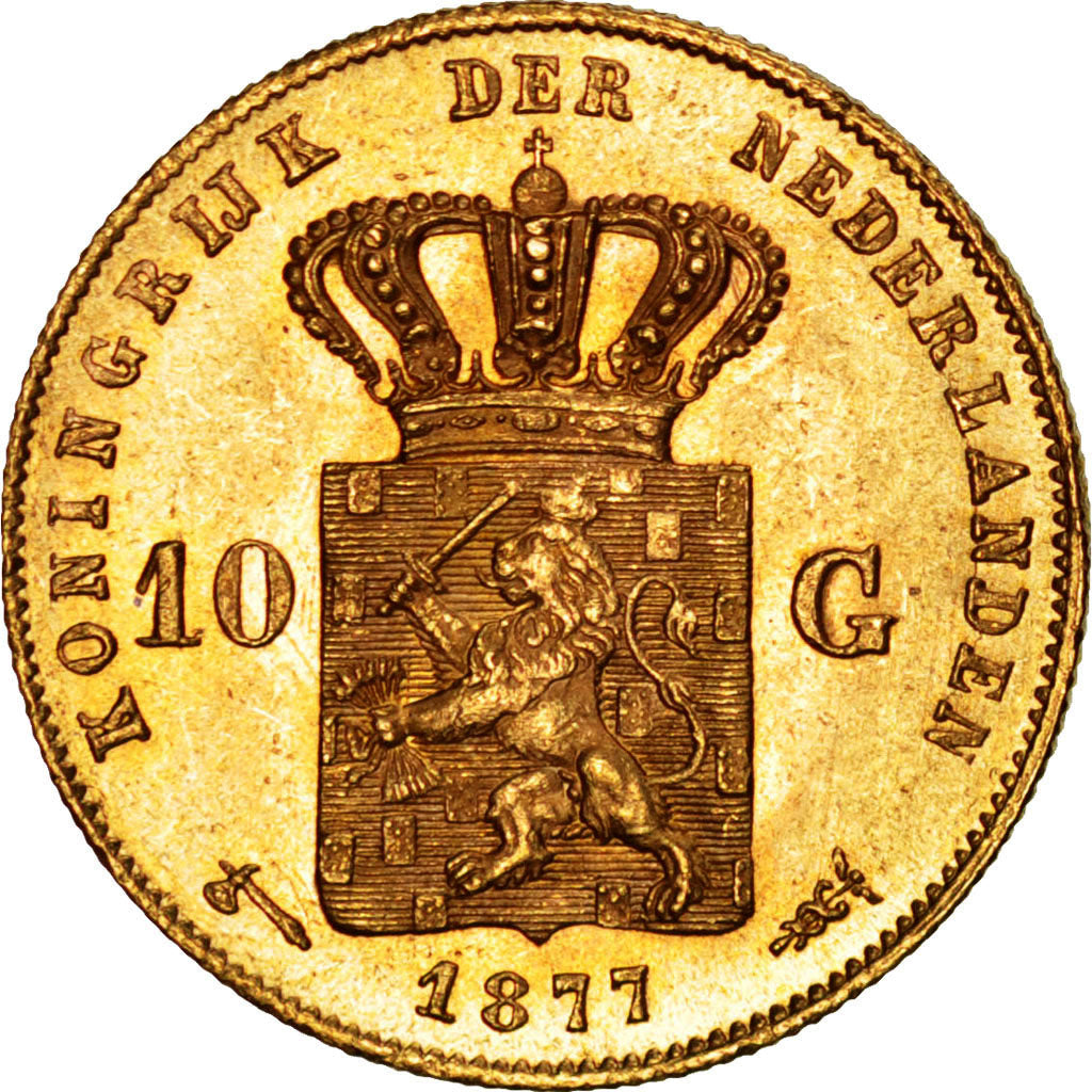 NETHERLANDS, 10 Gulden, 1877, KM #106, AU(55-58), Gold, 22.5, 6.75
