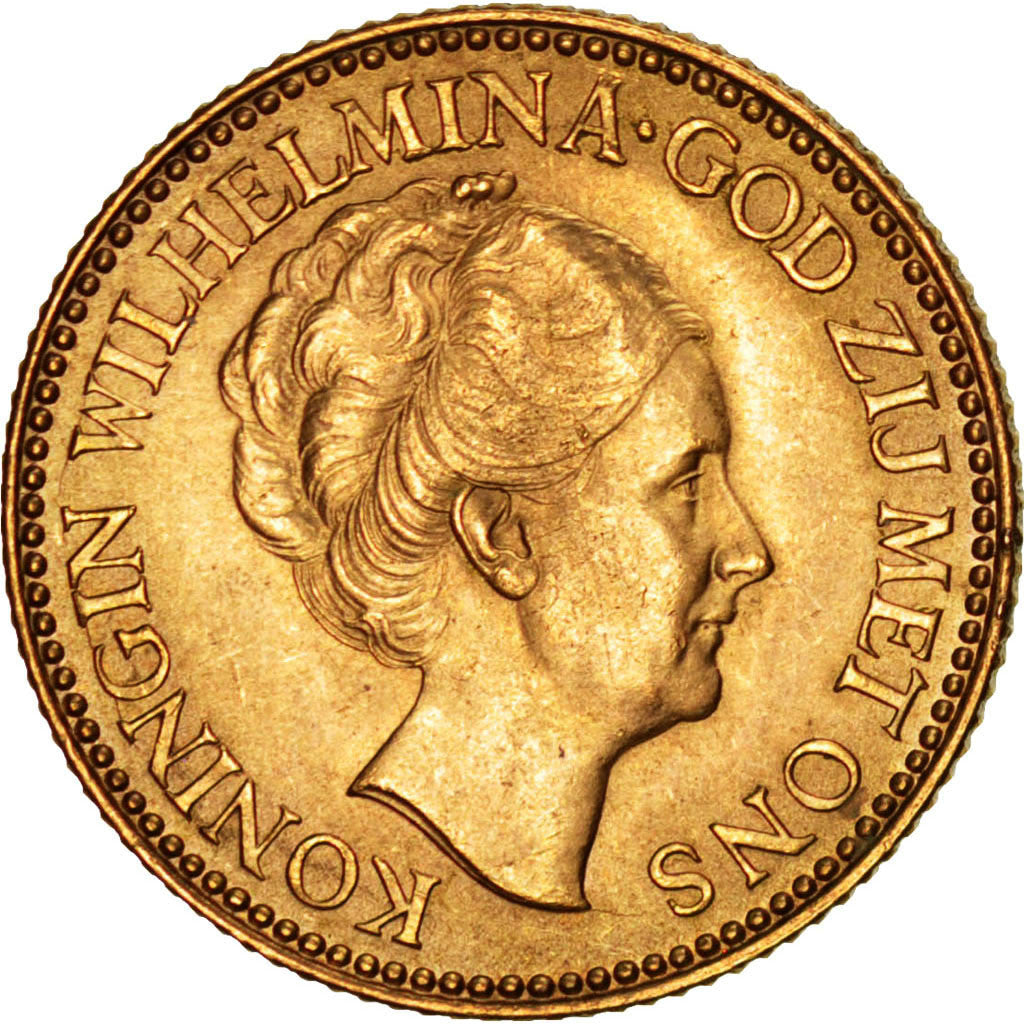 NETHERLANDS, 10 Gulden, 1925, KM #162, AU(55-58), Gold, 22.5, 6.73