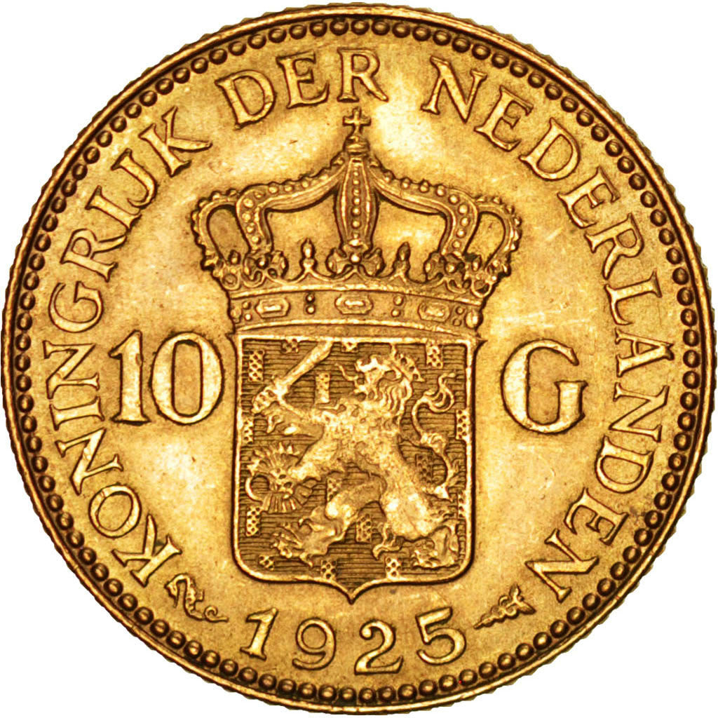 NETHERLANDS, 10 Gulden, 1925, KM #162, AU(55-58), Gold, 22.5, 6.73