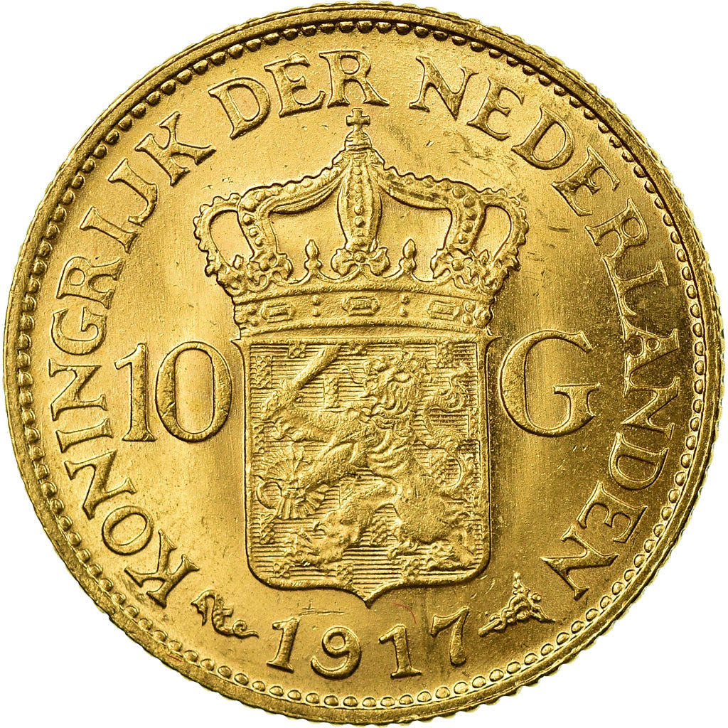 Moneta, Paesi Bassi, Wilhelmina I, 10 Gulden, 1917, SPL-, Oro, KM:149