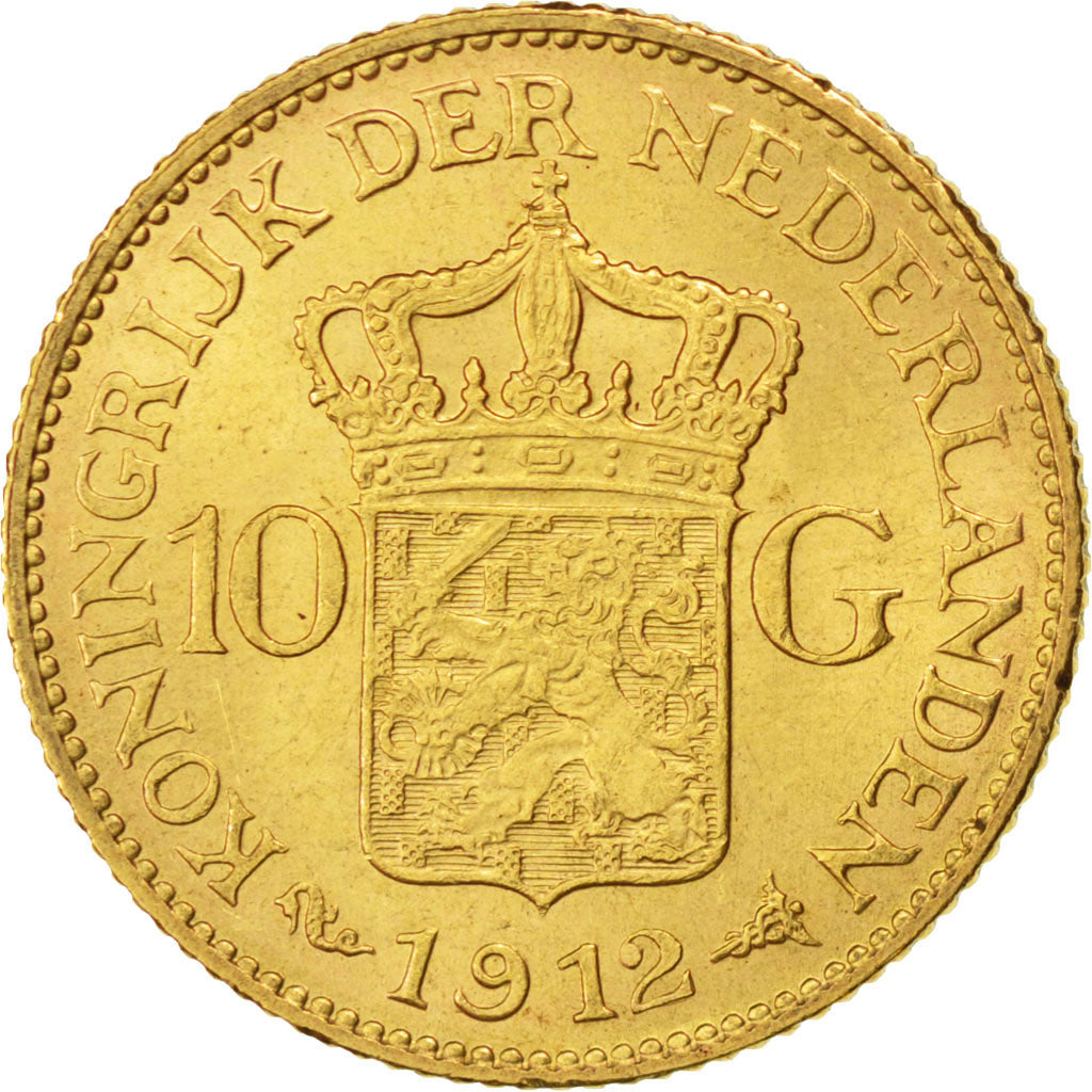 NETHERLANDS, 10 Gulden, 1912, KM #149, AU(55-58), Gold, 22.5, 6.74