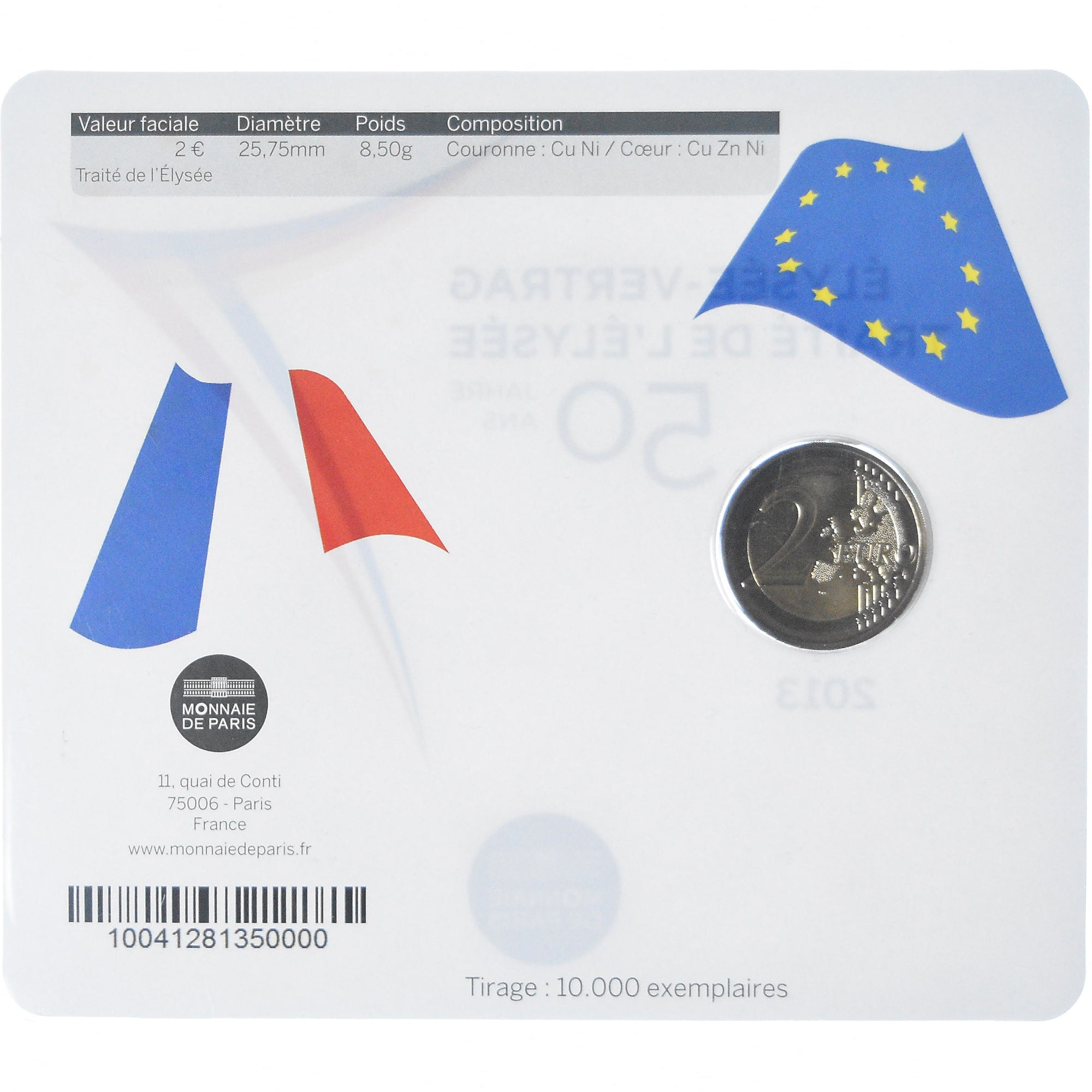 France, 2 Euro, 50 ans du traité de l'Élysée, 2013, Monnaie de Paris, BU