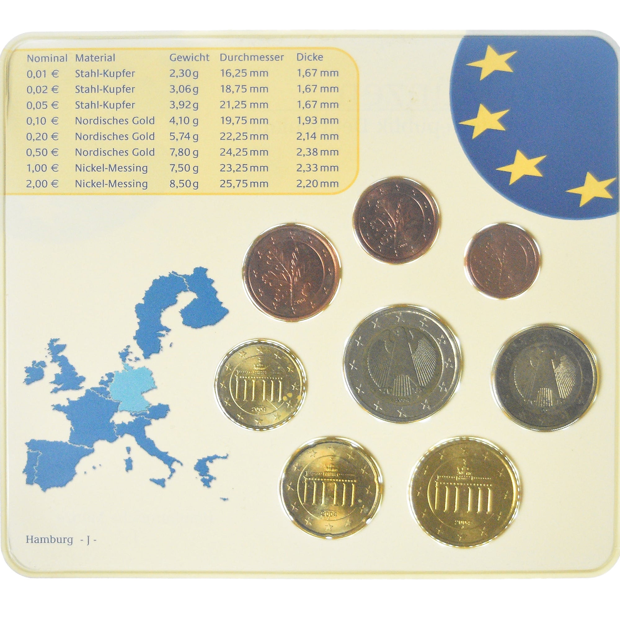 Germany, Set 1c. to 2€, 2004, Hambourg, UNC, MS(65-70), Bi-Metallic