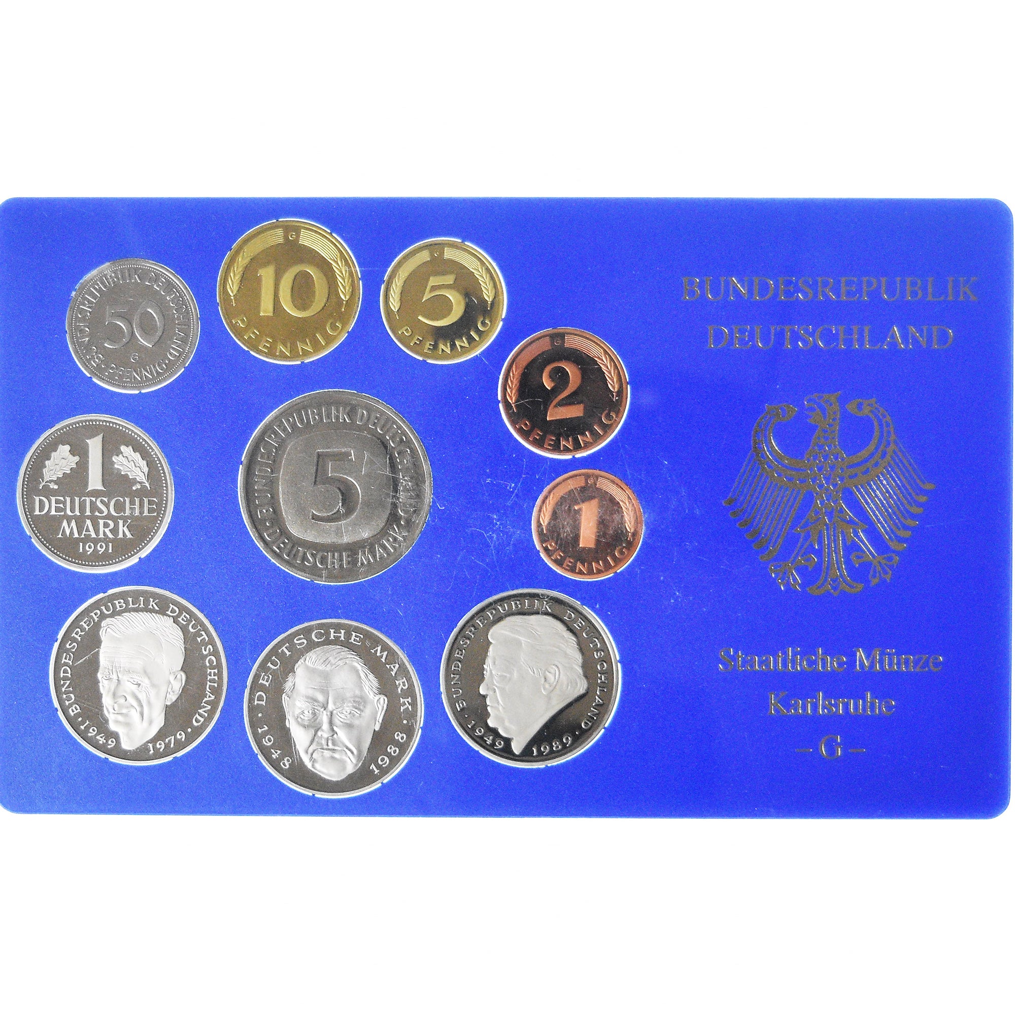Coin, Germany, 1 pfennig to 5 mark, 1991, Karlsruhe, BE, MS(65-70)