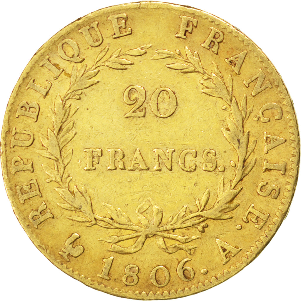 FRANCE, Napoléon I, 20 Francs, 1806, Paris, KM #674.1, VF(30-35), Gold, Gadoury 