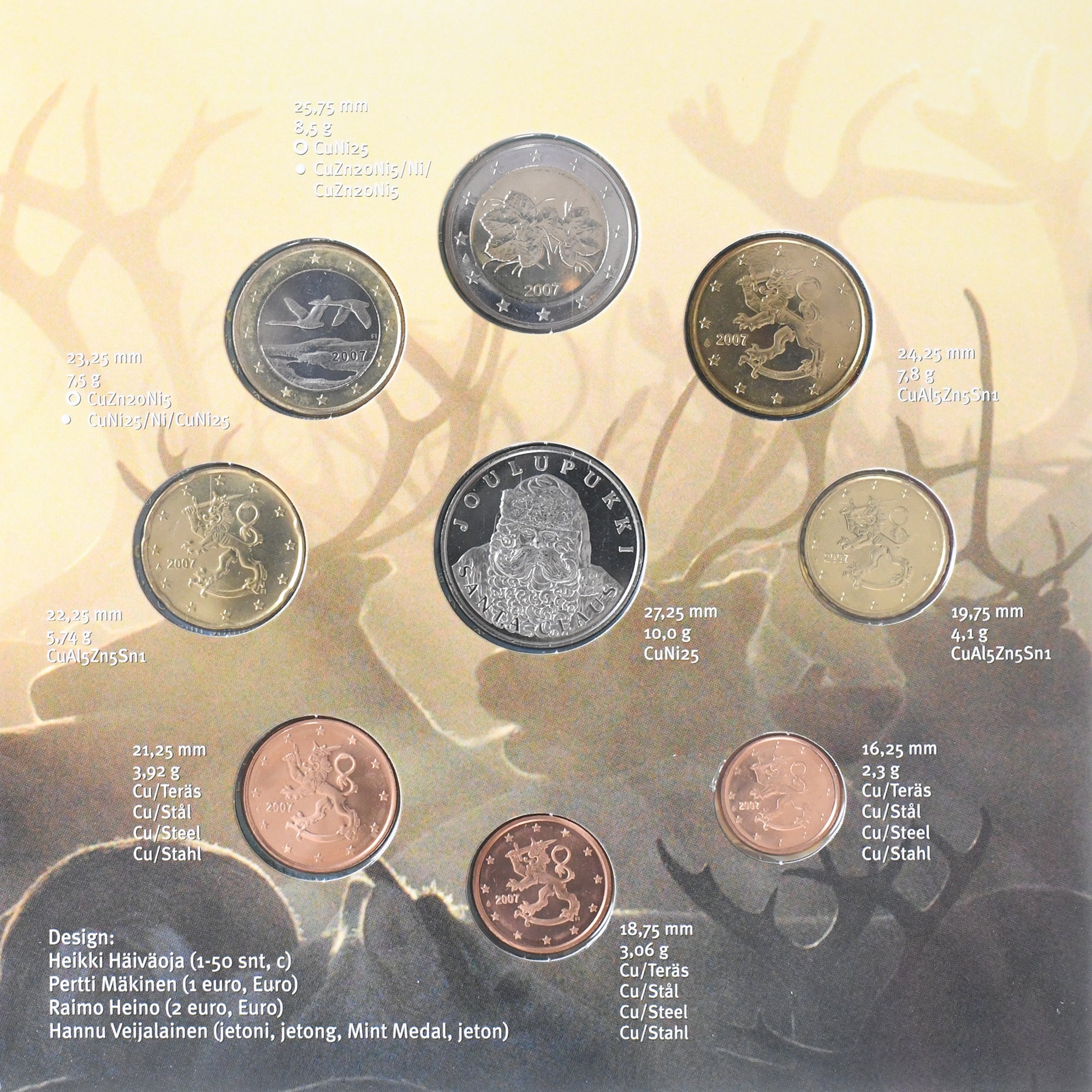 Finland, Coffret 1c. à 2€ + jeton, Christmas coinage, 2007, Mint of Finland