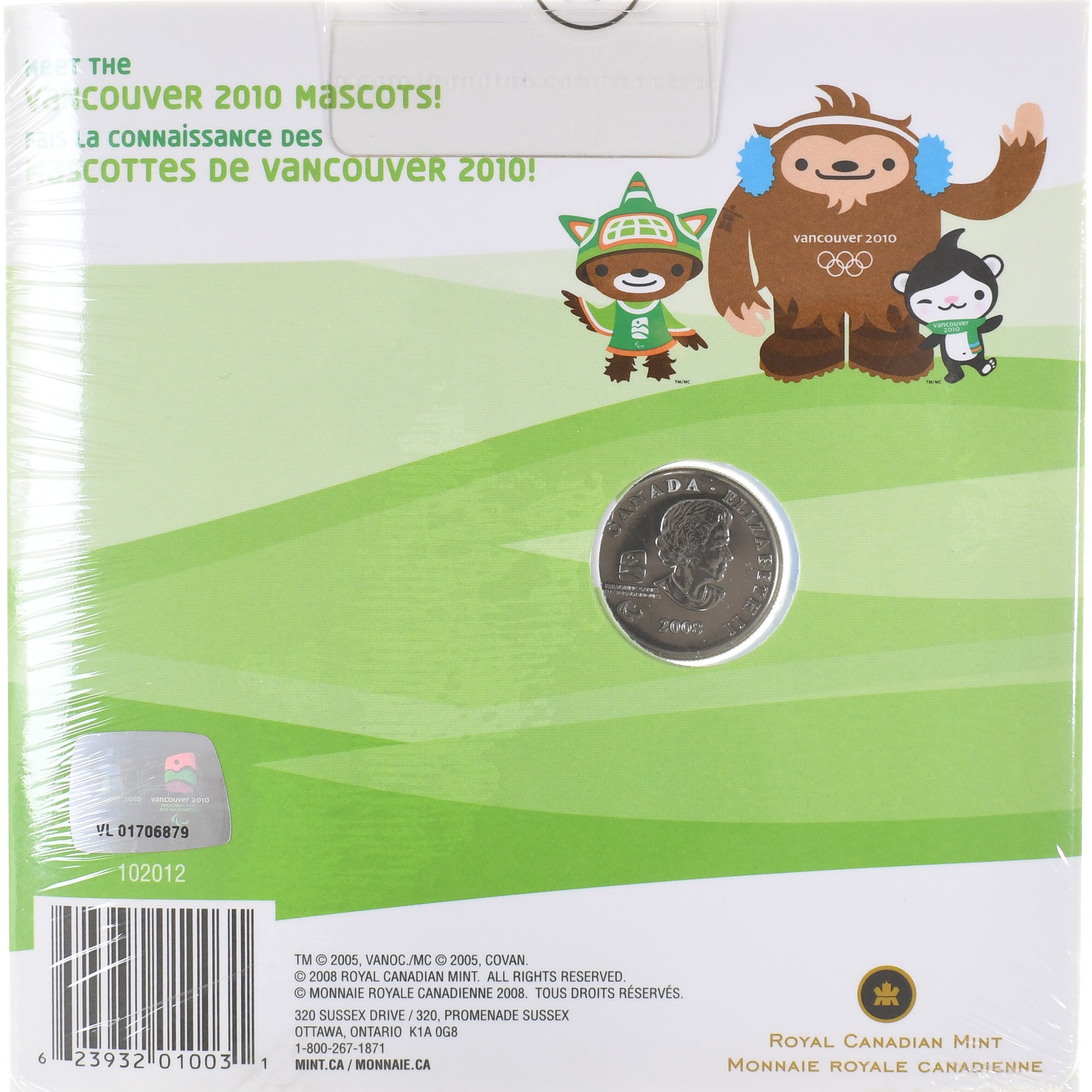 Monnaie, Canada, Elizabeth II, Mascottes de Vancouver, Sumi, 25 Cents, 2010