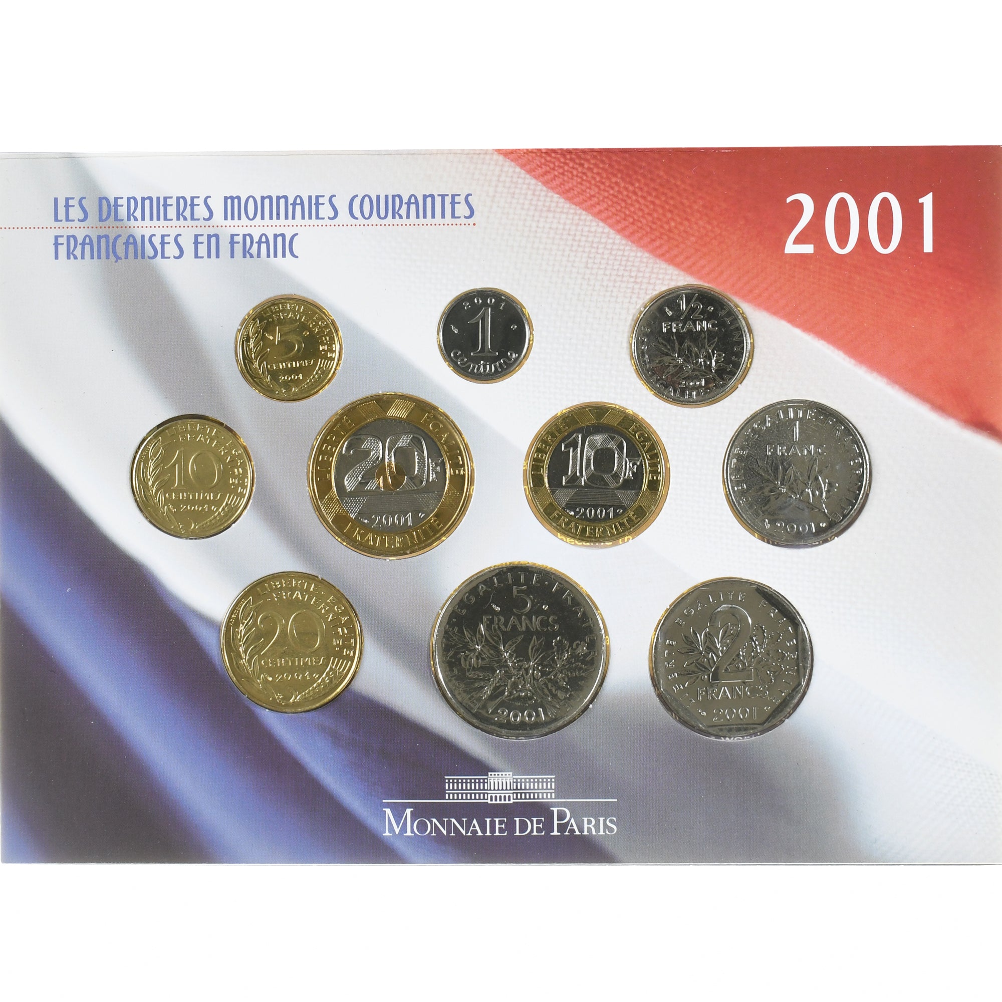 Moeda, França, Coffret 1 c. à 20 frs., 2001, Monnaie de Paris, BU, MS(65-70)