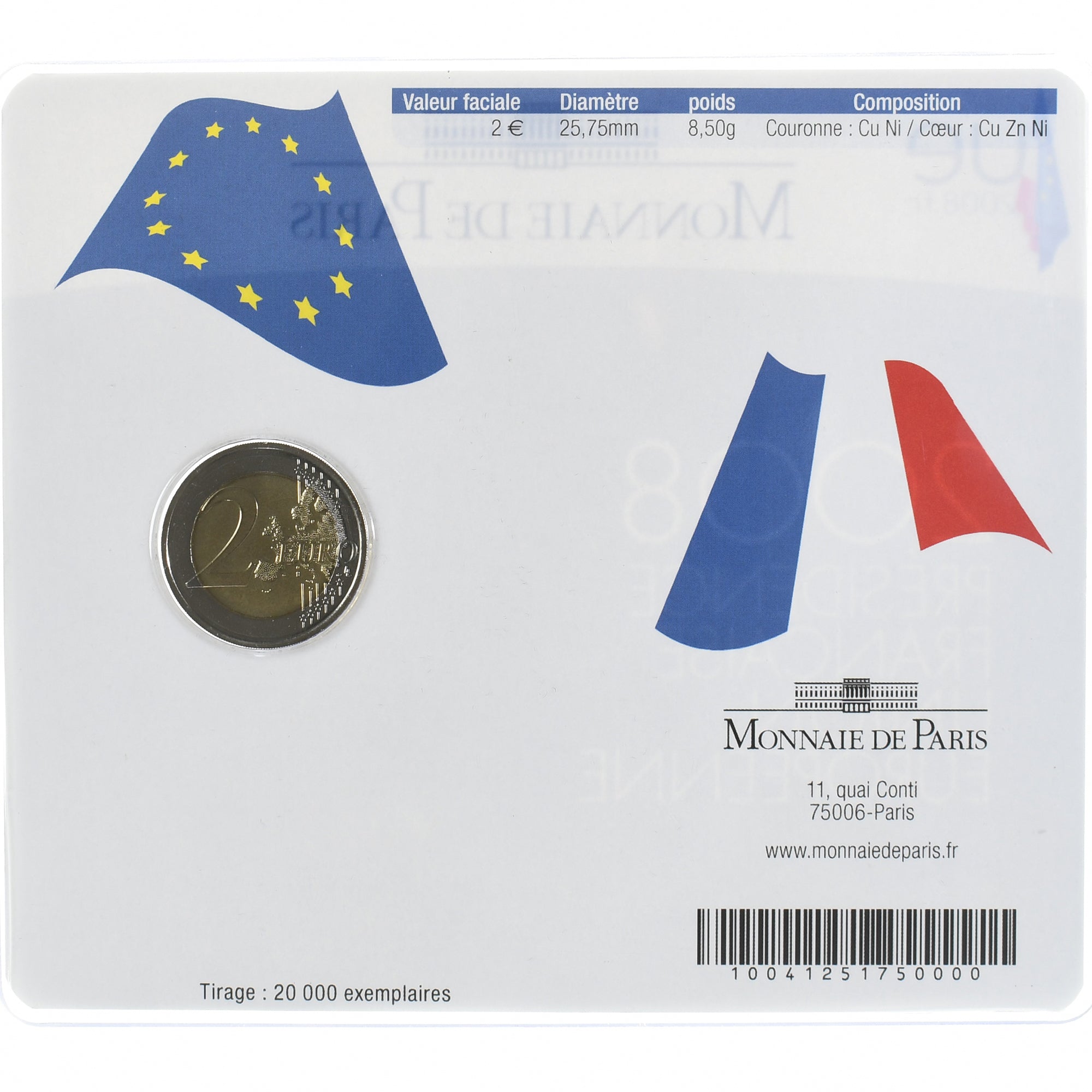 France, 2 Euro, présidence de l'UE, 2008, Monnaie de Paris, BU, MS(65-70)