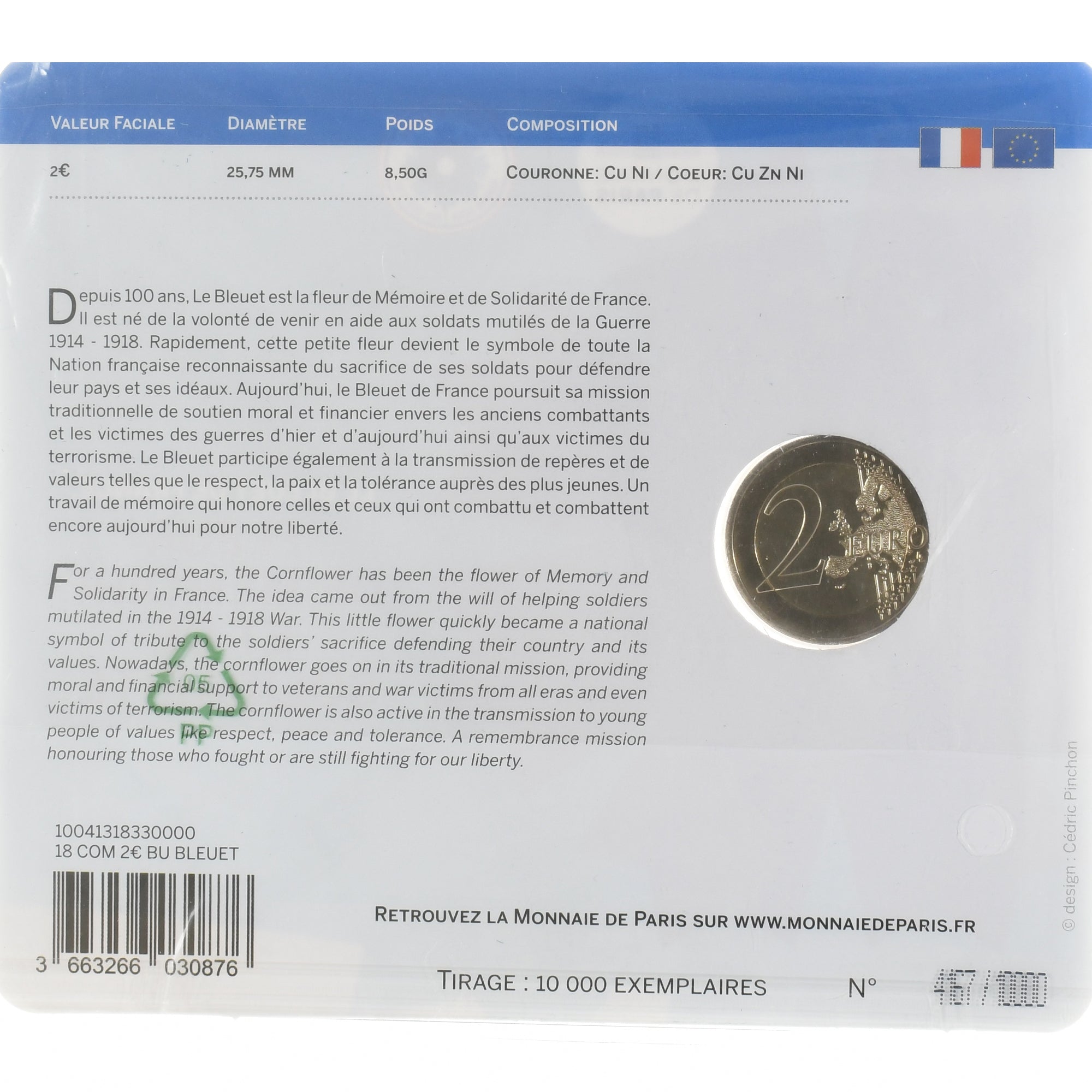 France, 2 Euro, bleuet de France, 2018, Monnaie de Paris, BU, colourized