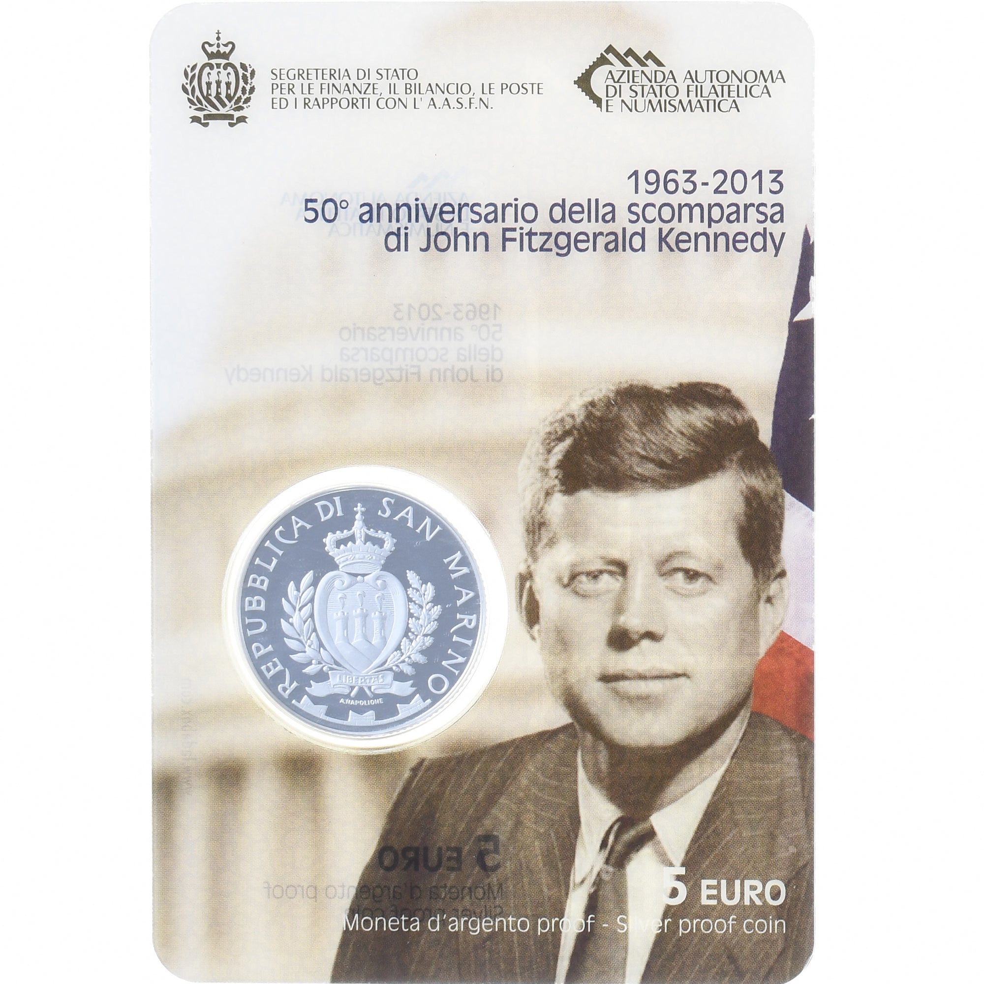 San Marino, 5 Euro, John Fitzgerald Kennedy, 2013, Rome, BE, MS(65-70), Silver
