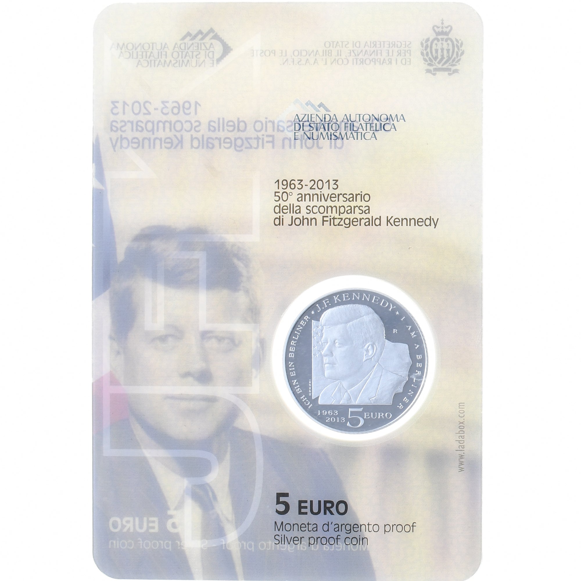 San Marino, 5 Euro, John Fitzgerald Kennedy, 2013, Rome, BE, MS(65-70), Silver