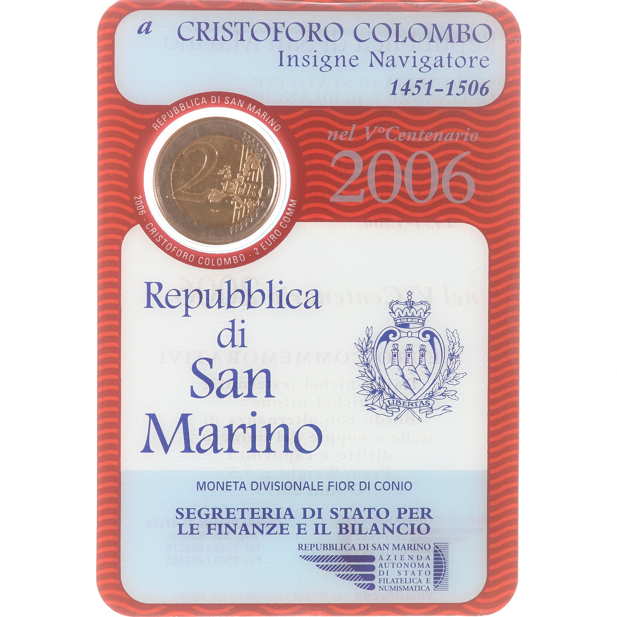San Marino, 2 Euro, Cristoforo Colombo, 2006, Rome, UNC, MS(65-70), Bi-Metallic