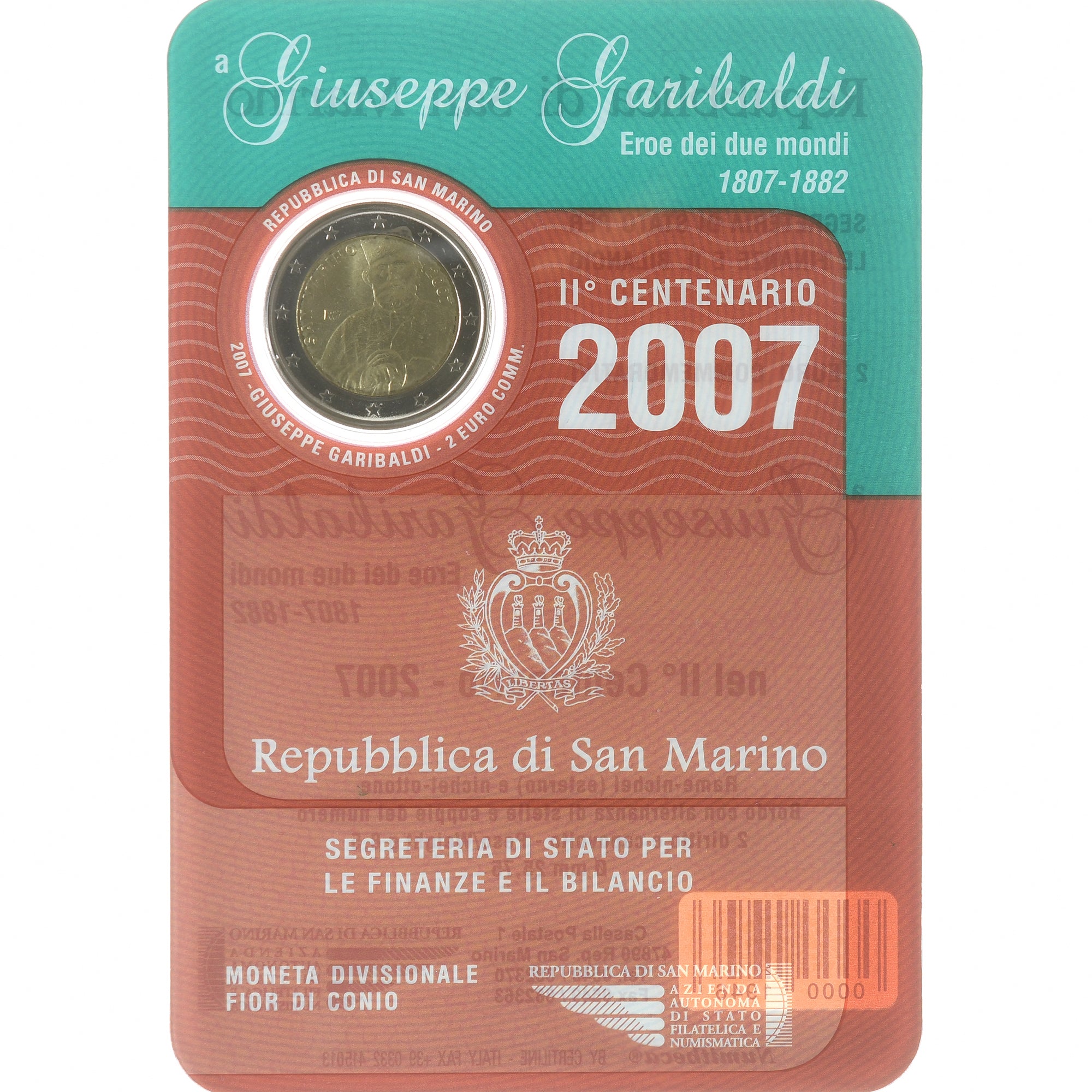 Saint Marin , 2 Euro, Giuseppe Garibaldi, 2007, Rome, UNC, FDC, Bimétallique