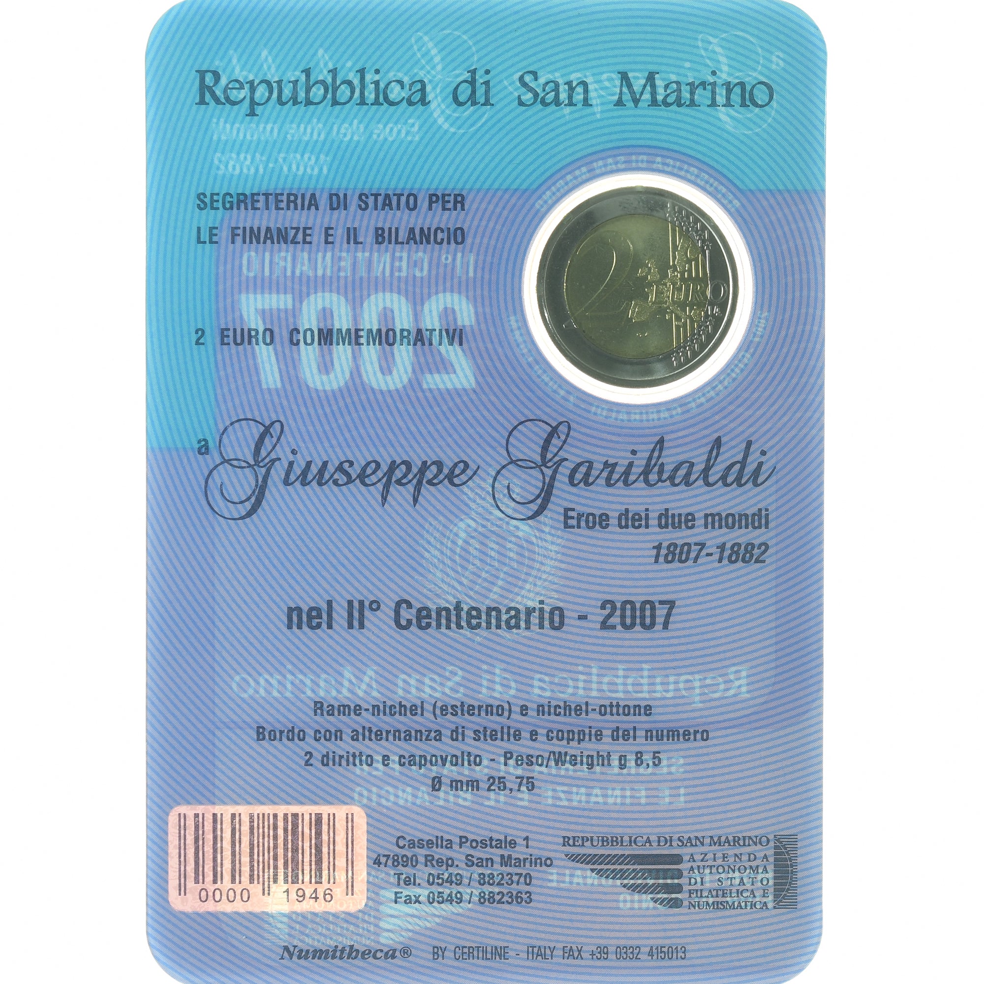 Saint Marin , 2 Euro, Giuseppe Garibaldi, 2007, Rome, UNC, FDC, Bimétallique