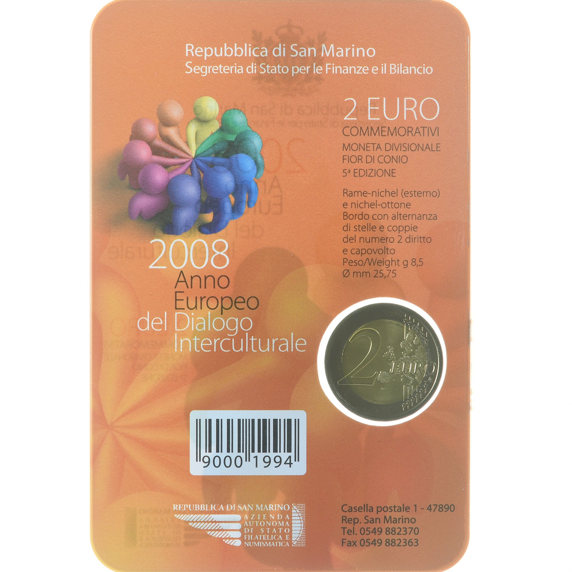 Saint Marin , 2 Euro, Anno Europeo del dialogo interculturale, 2008, Rome, UNC