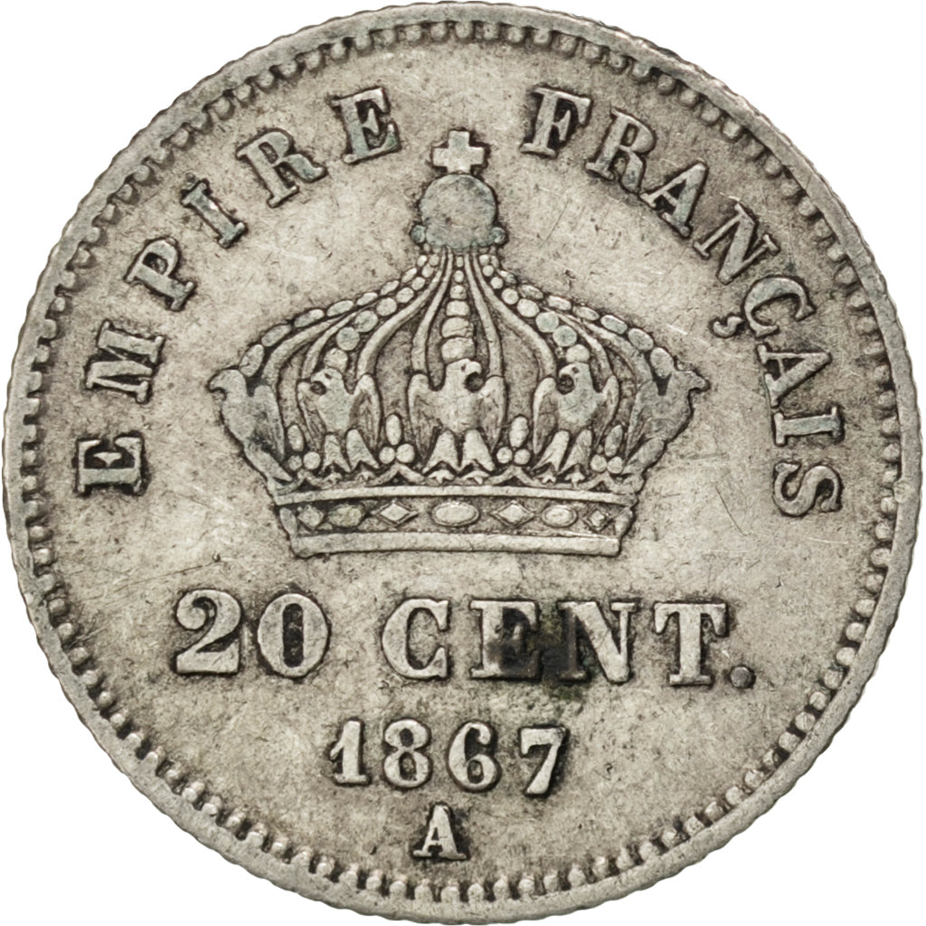 FRANCE, Napoléon III, 20 Centimes, 1867, Paris, KM #808.1, EF(40-45), Silver, G.