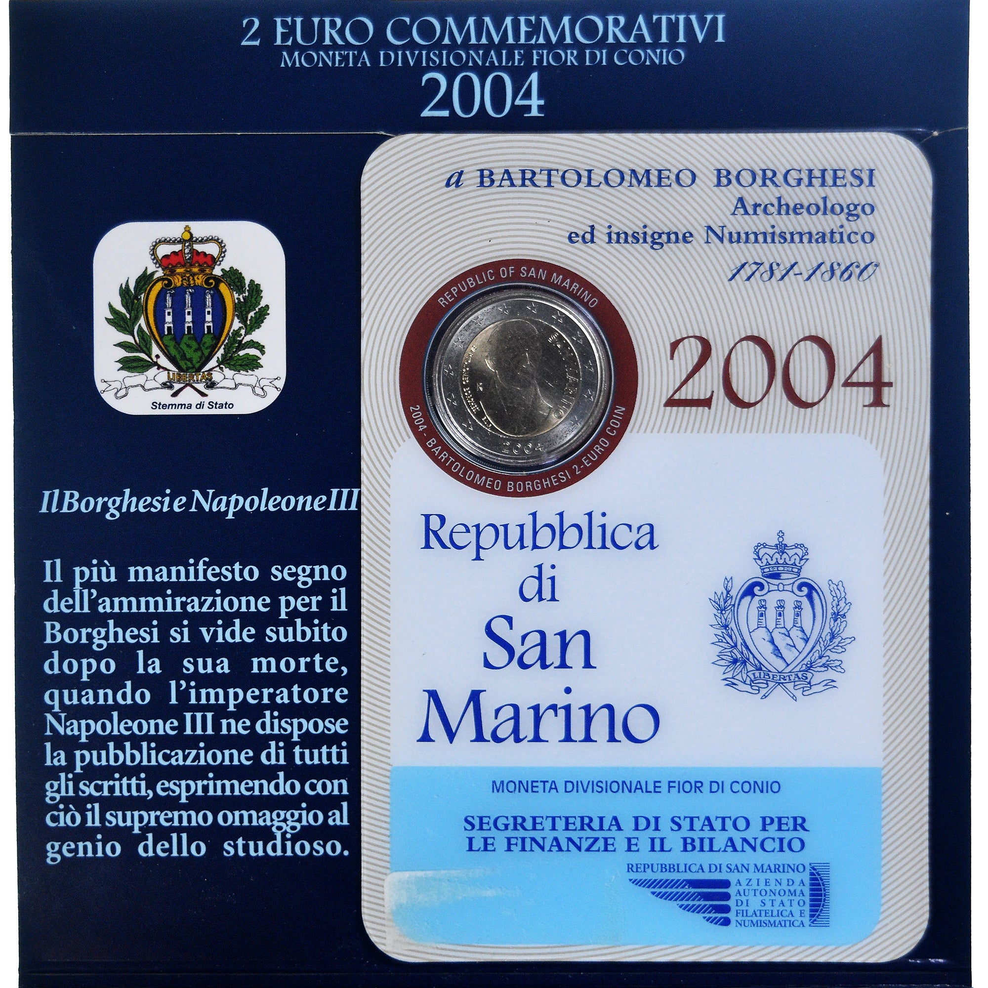 San Marino, 2 Euro, Bartolomeo Borghesi, 2004, Rome, FDC, MS(65-70), Bi-Metallic
