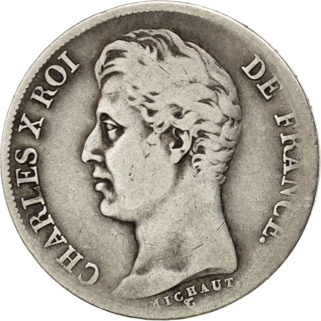 FRANCE, Charles X, Franc, 1827, Paris, KM #724.1, VF(30-35), Silver, Gadoury...