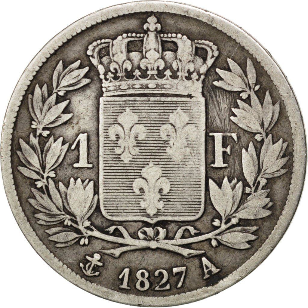 FRANCE, Charles X, Franc, 1827, Paris, KM #724.1, VF(30-35), Silver, Gadoury...