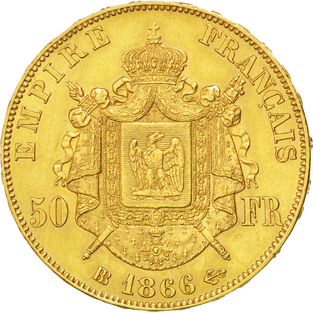 FRANCE, Napoléon III, 50 Francs, 1866, Strasbourg, KM #804.2, AU(50-53), Gold, G
