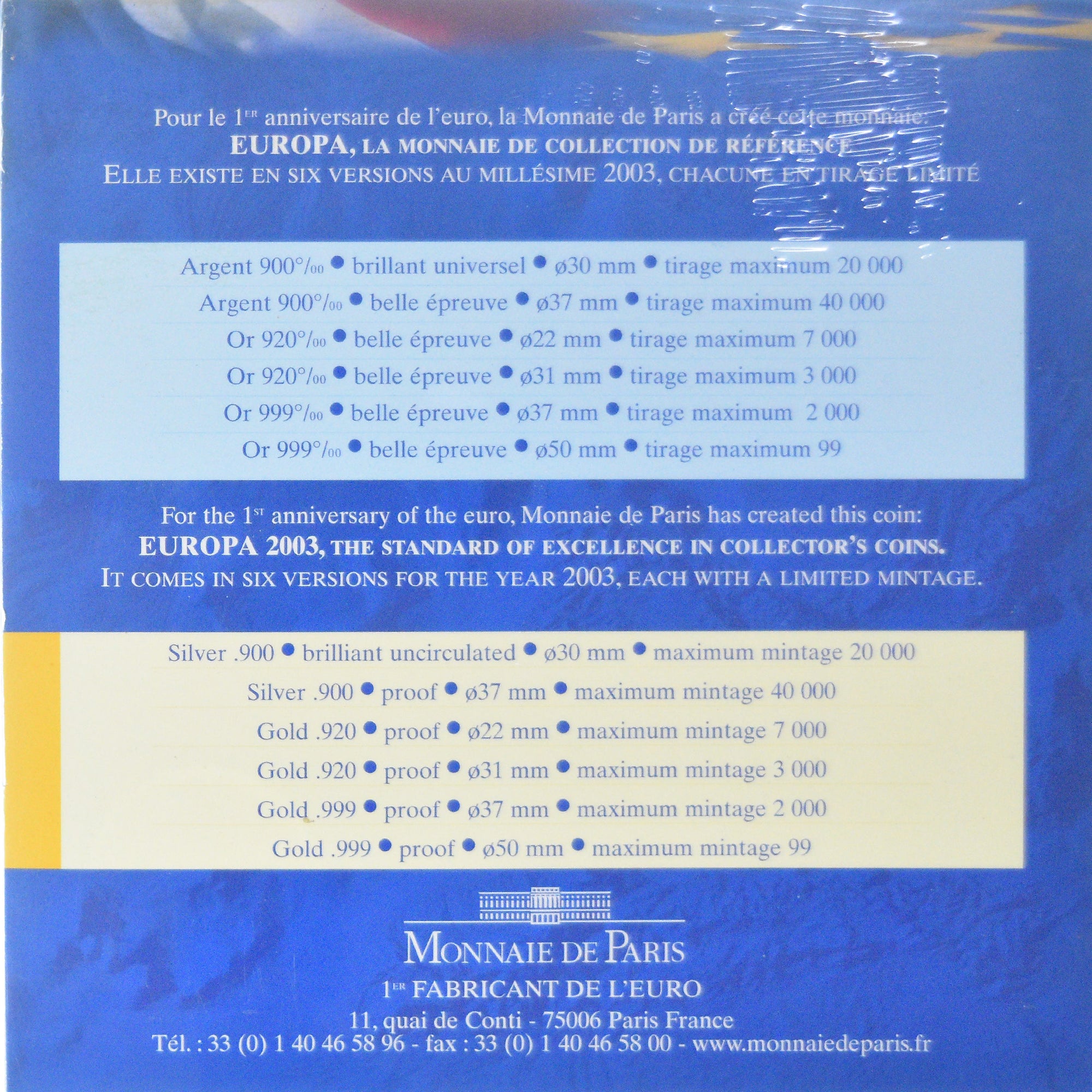 France, 1/4 Euro, Europa, 2003, Monnaie de Paris, BU, MS(65-70), Silver