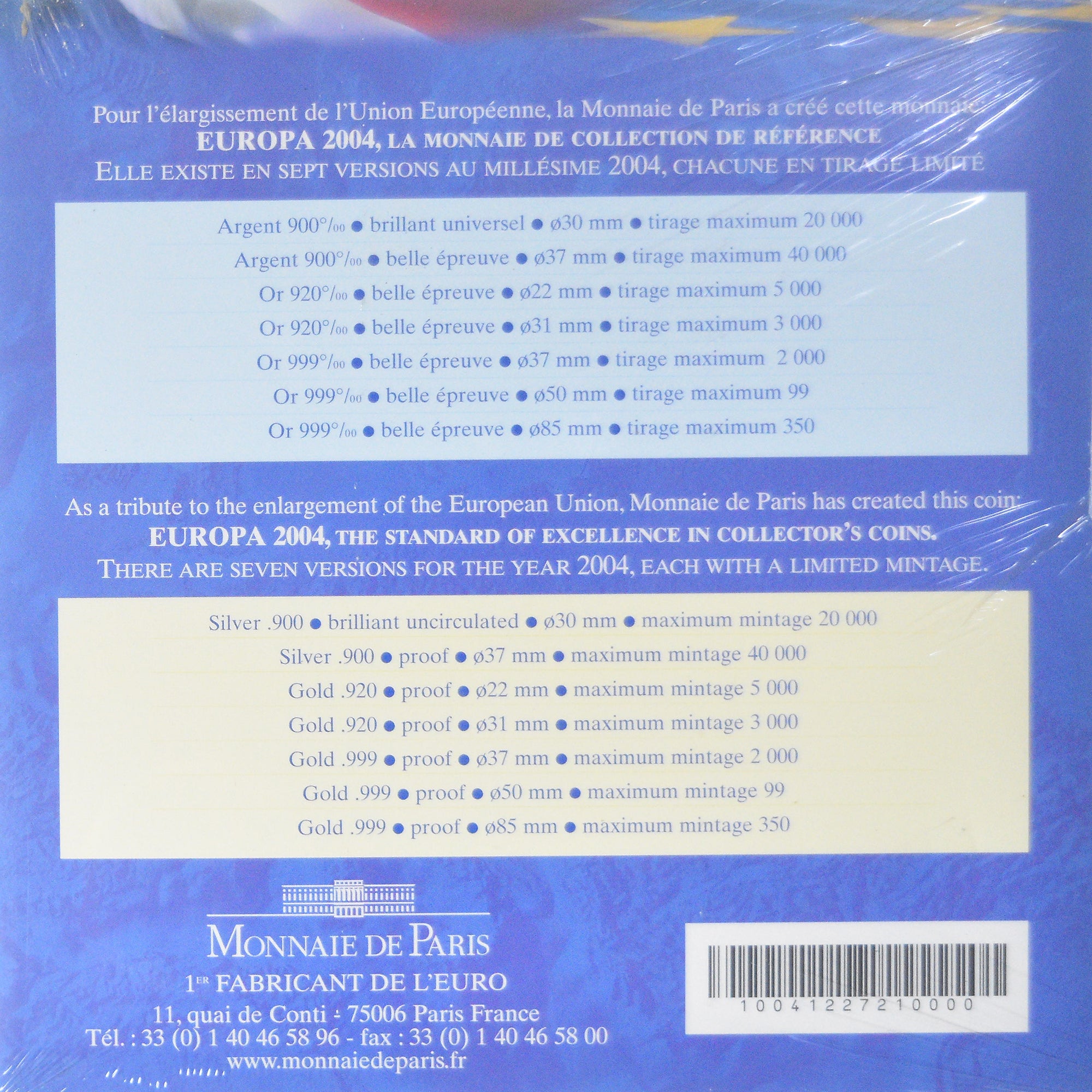 France, 1/4 Euro, Europa, 2004, Monnaie de Paris, BU, MS(65-70), Silver
