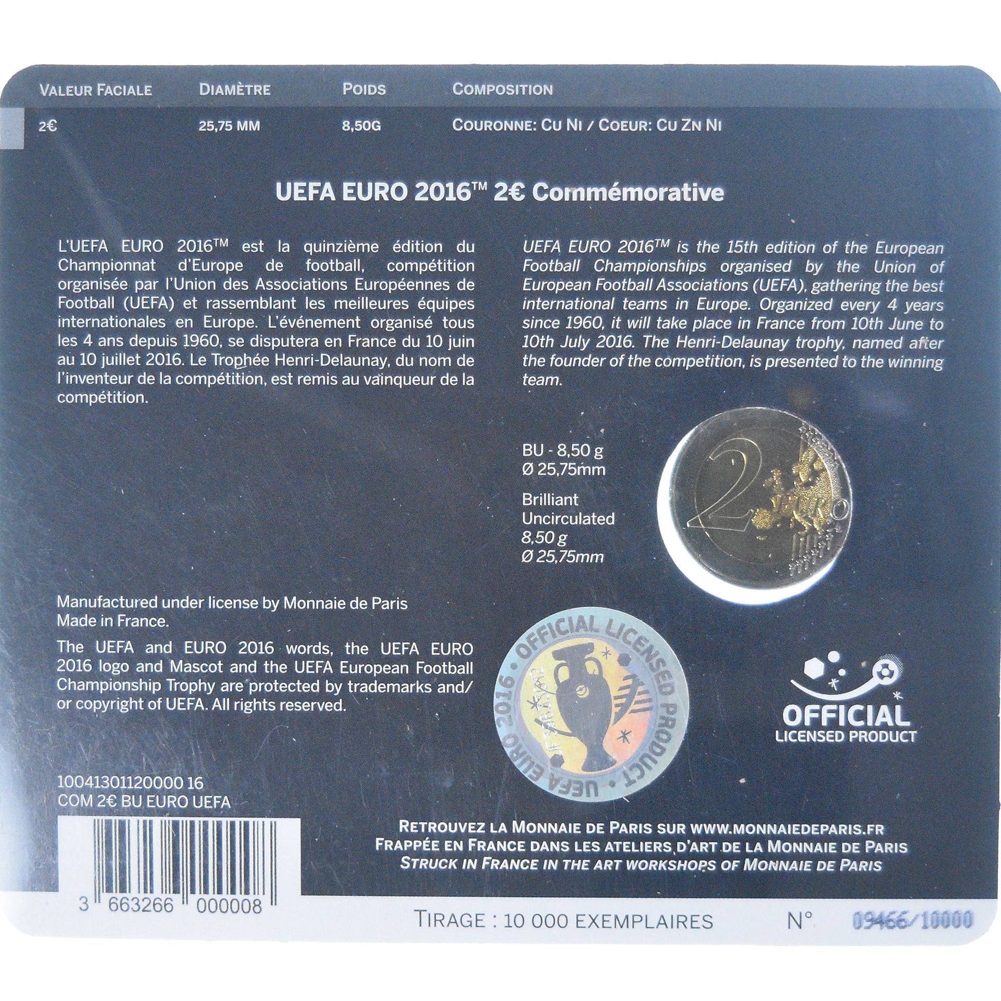 France, 2 Euro, UEFA Euro 2016, 2016, Monnaie de Paris, BU, FDC, Bimétallique