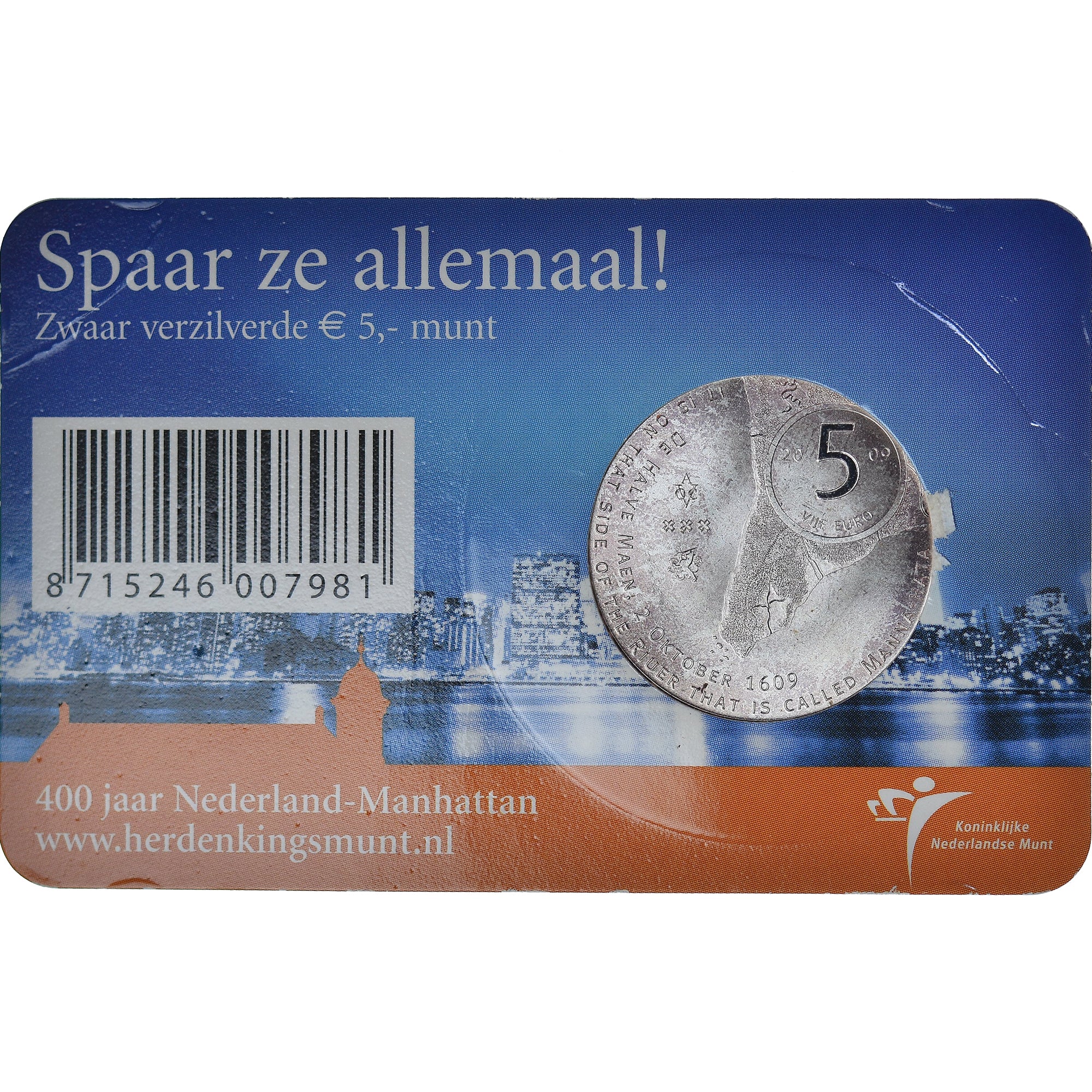 Netherlands, Beatrix, 5 Euro, Manhattan, 2009, Utrecht, MS(63), Silver Plated