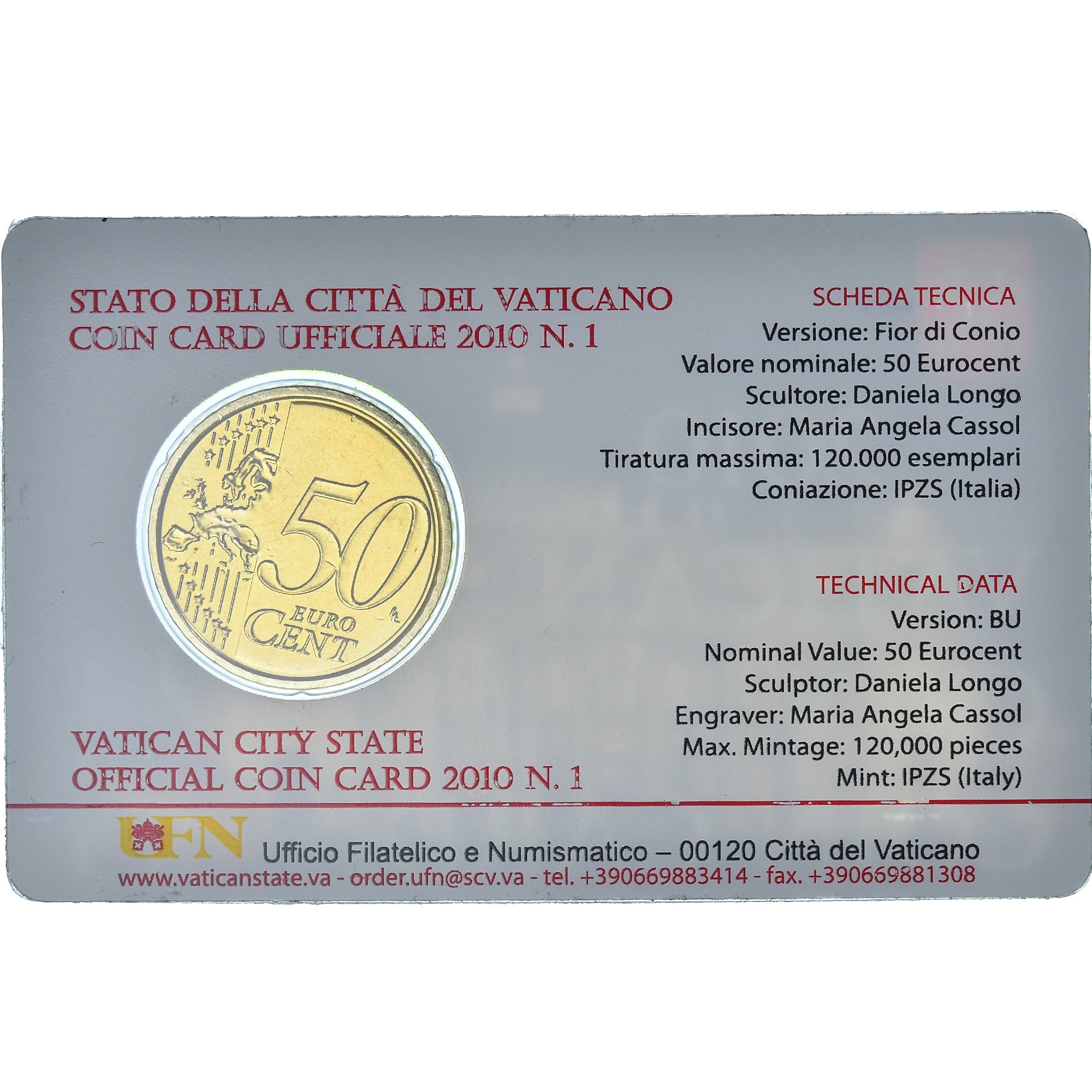 Vaticano, Benoît XVI, 50 Euro Cent, 2010, Rome, BU, FDC, Nordic gold
