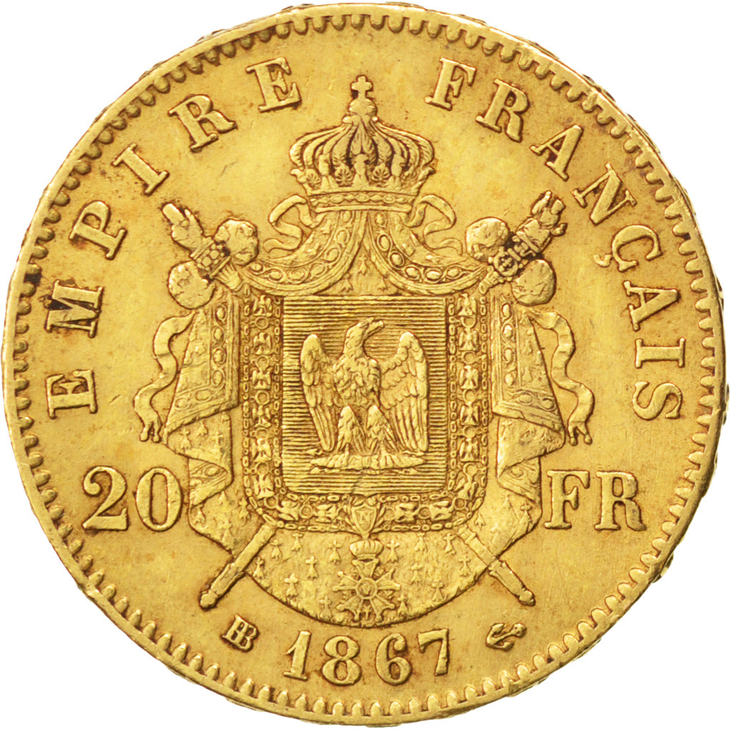 Second Empire, 20 francs or Napoléon III tête laurée, 1867 BB, Strasbourg, Gadou