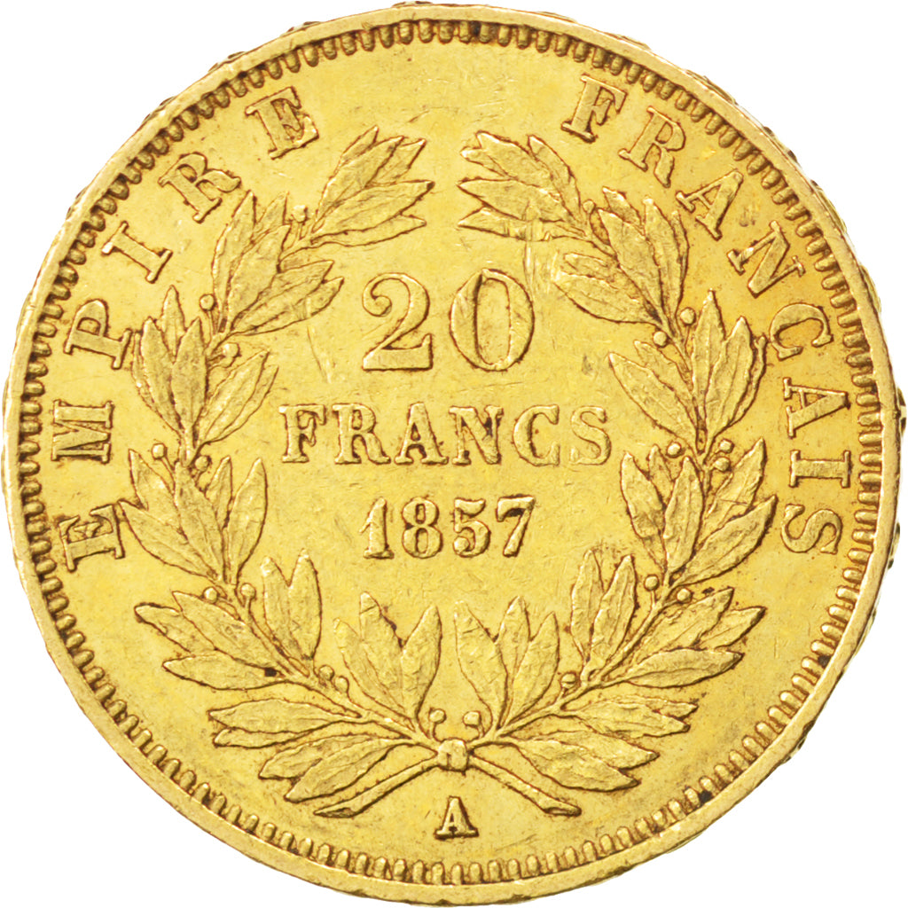 FRANCE, Napoléon III, 20 Francs, 1857, Paris, KM #781.1, EF(40-45), Gold, Gadour