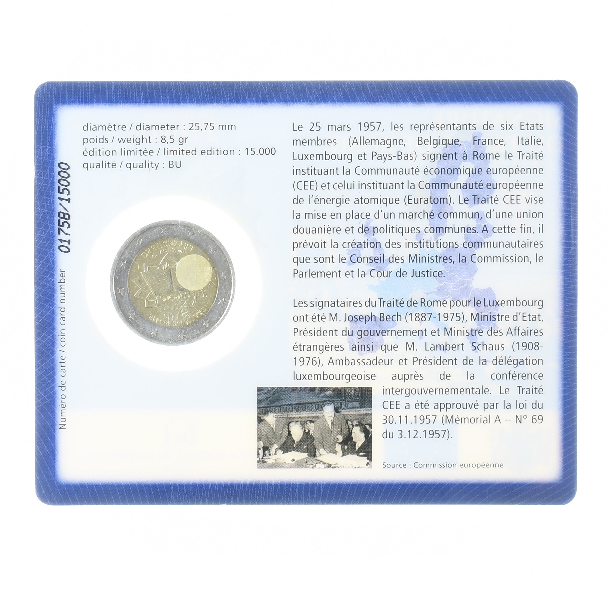 Luxembourg, 2 Euro, Traité de Rome, 2007, BU, MS(65-70), Bi-Metallic