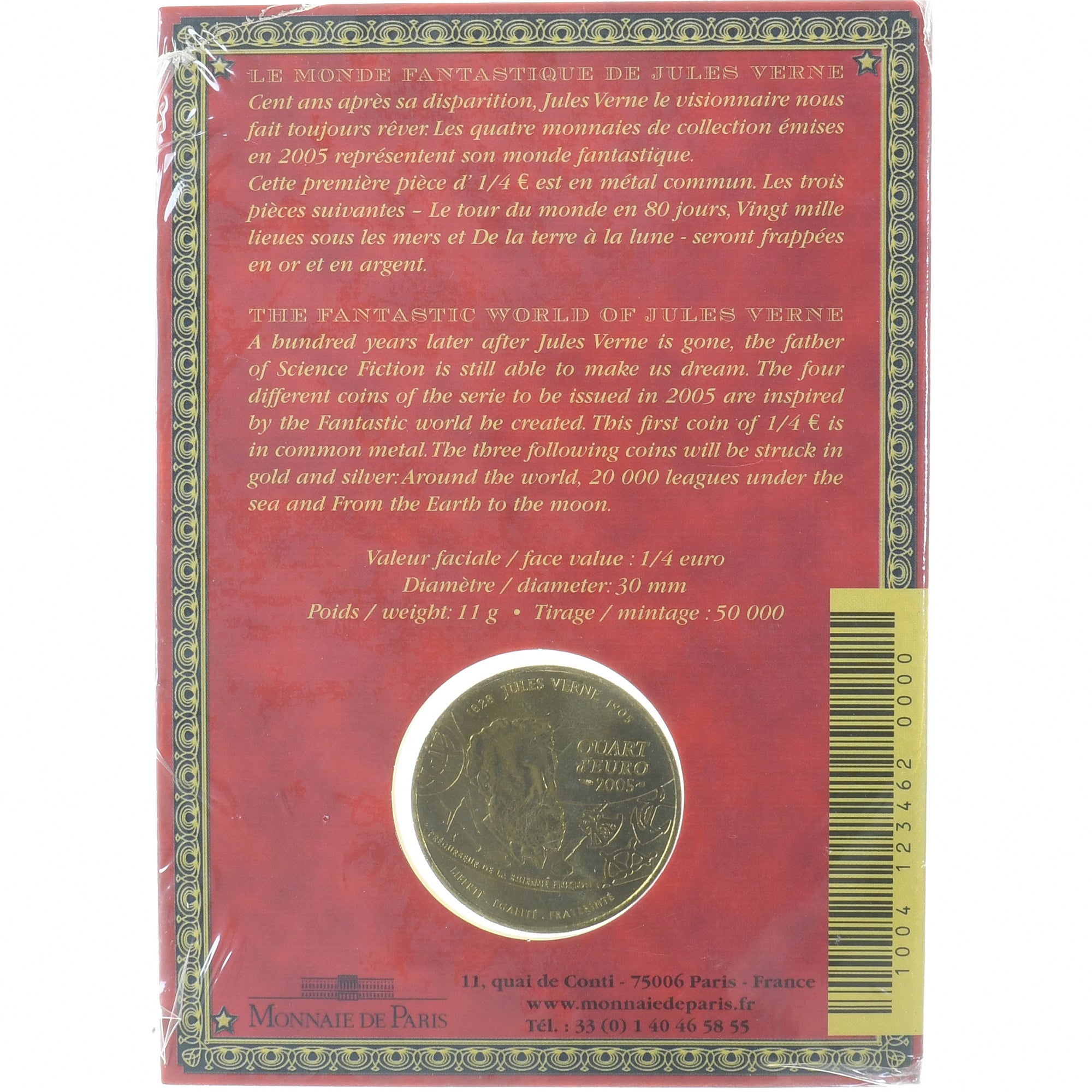 France, 1/4 Euro, Jules Verne, 2005, Monnaie de Paris, MS(65-70)