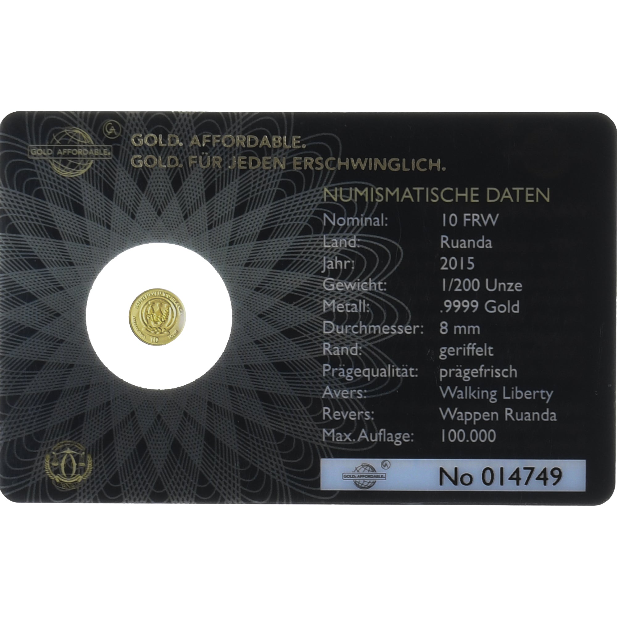 Rwanda, 10 francs rwandais, 1/200 Oz, 2015, Göppingen, MS(65-70), Gold