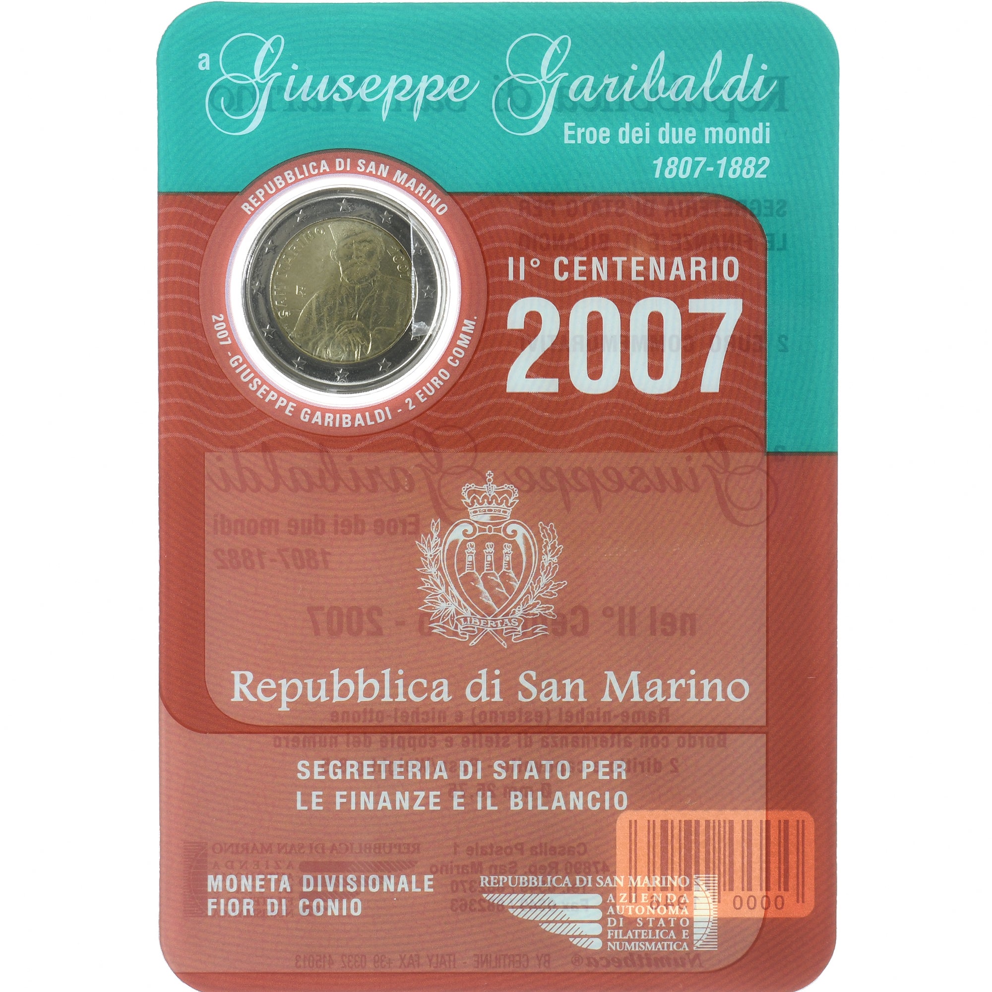 Saint Marin , 2 Euro, Giuseppe Garibaldi, 2007, Rome, FDC, FDC, Bimétallique