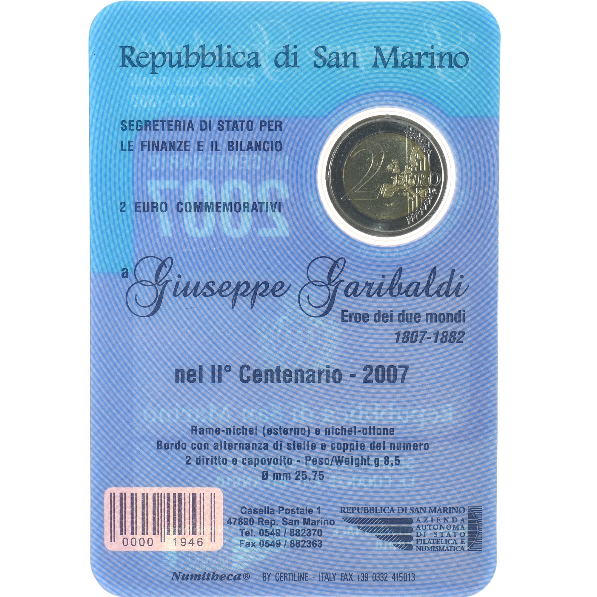Saint Marin , 2 Euro, Giuseppe Garibaldi, 2007, Rome, FDC, FDC, Bimétallique