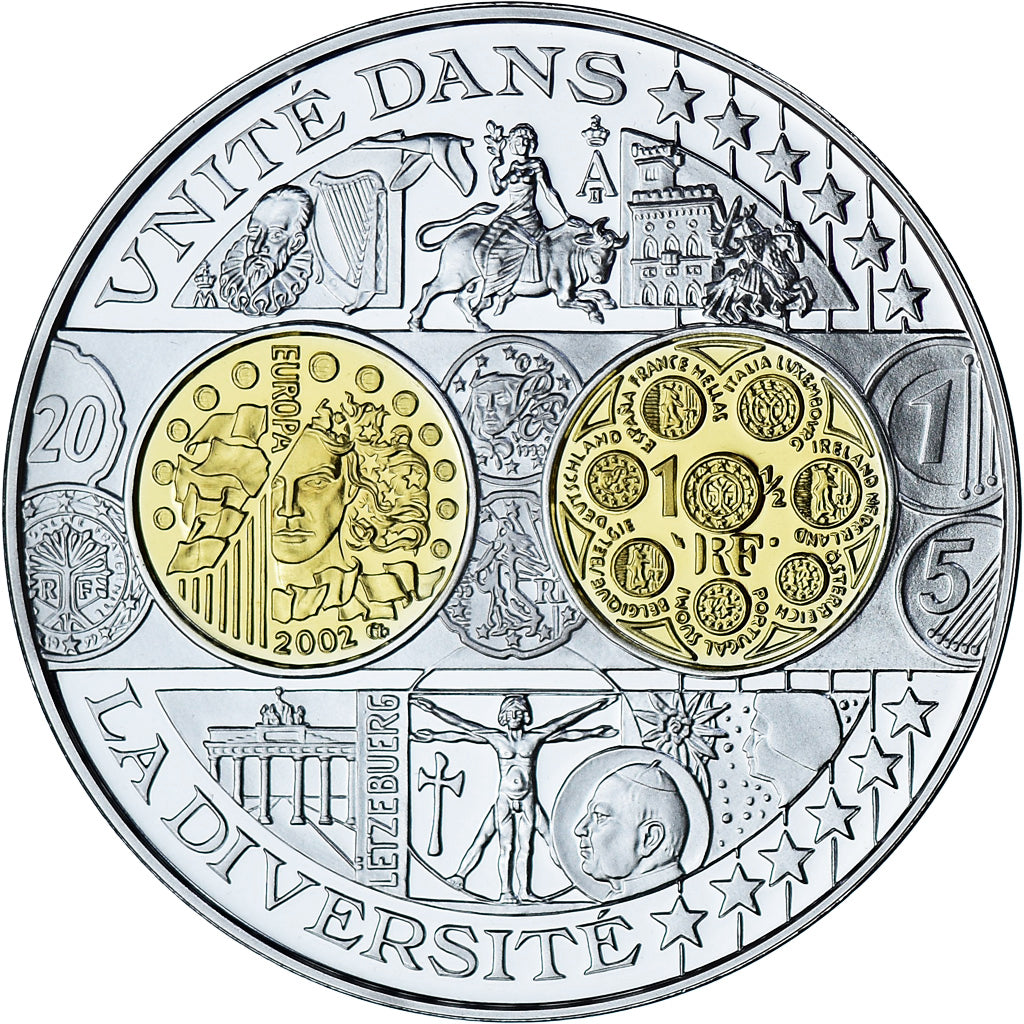 France, Medal, 1er euro Français, BE, MS(65-70), Gold plated silver