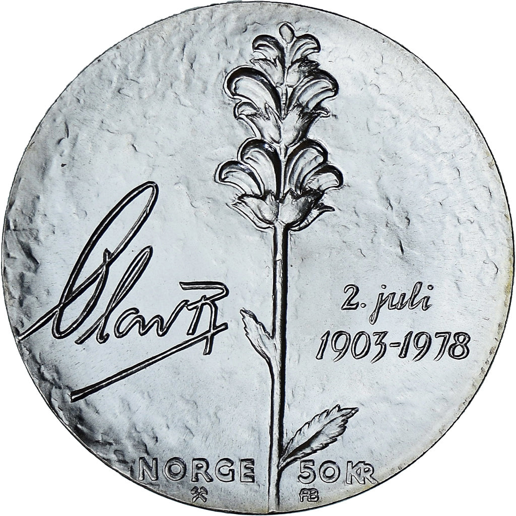 Munten, Noorwegen, Olav V, 50 Kroner, 1978, Kongsberg, UNC-, Zilver, KM:424