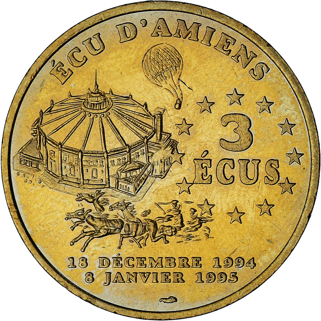 France, 3 écus d'Amiens, Cirque Jules Verne, 1994, AU(55-58), Brass