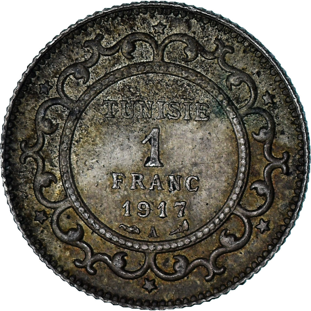 Tunisia, Muhammad V, Franc, AH 1335/1917, Paris, EF(40-45), Silver, KM:238