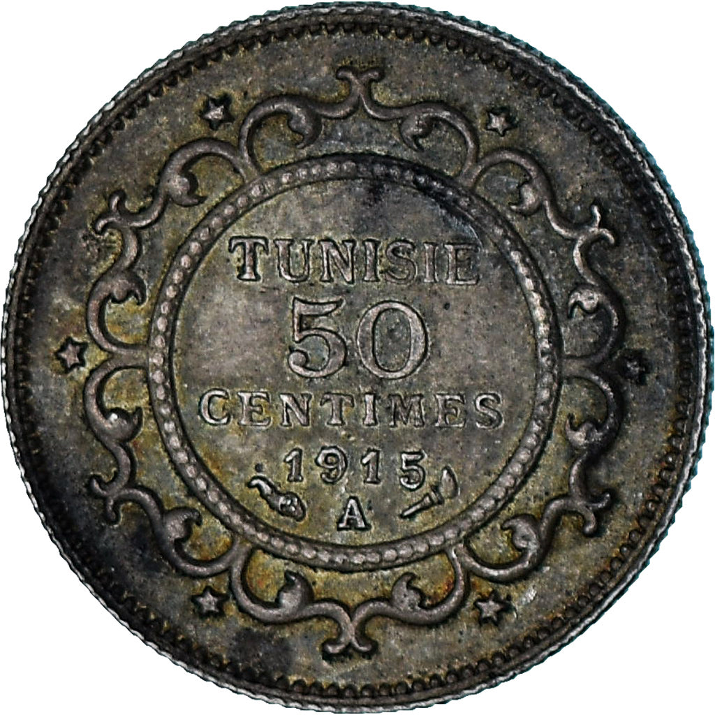 Tunisia, Mohammed V, 50 Centimes, AH 1334/1915, Paris, AU(50-53), Silver, KM:237