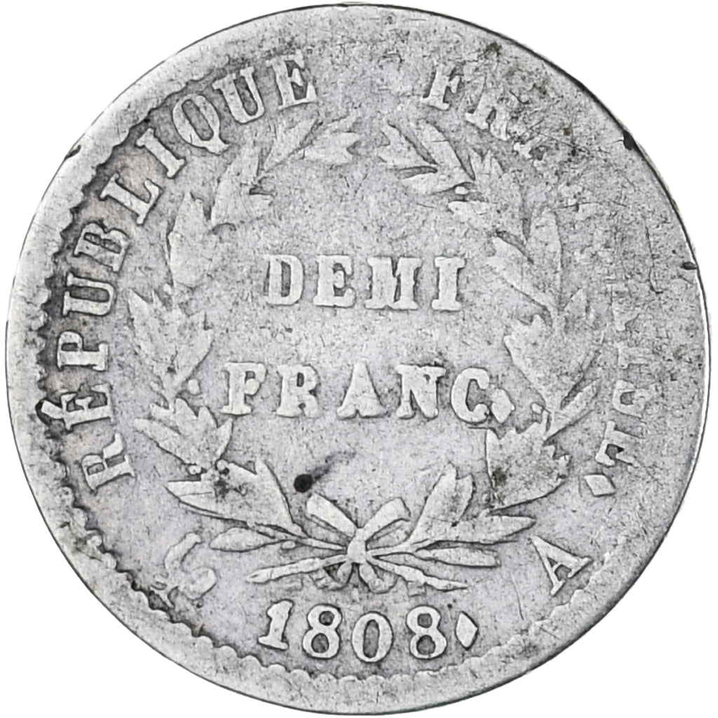 France, Napoleon I, 1/2 Franc, 1808, Paris, VF(20-25), Silver, KM:680