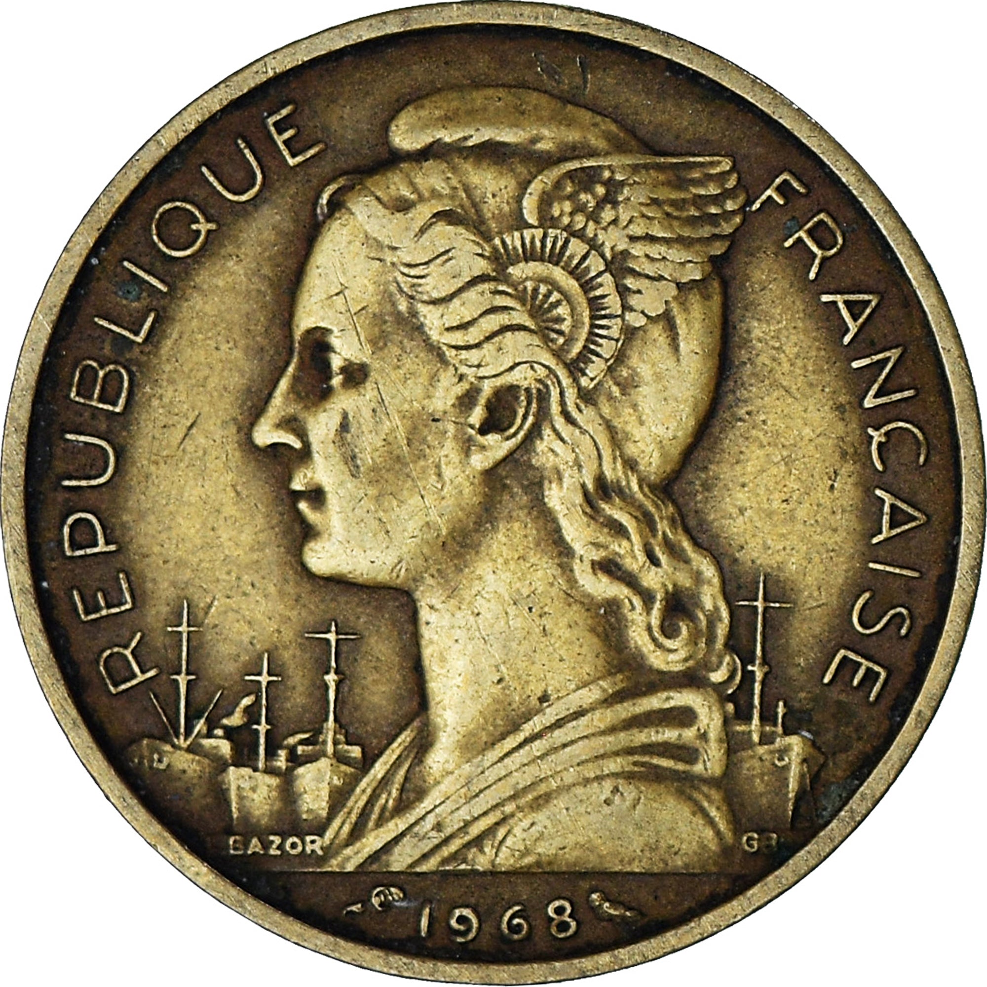 FRENCH AFARS & ISSAS, 20 Francs, 1968, Paris, EF(40-45), Aluminum-Bronze, KM:15