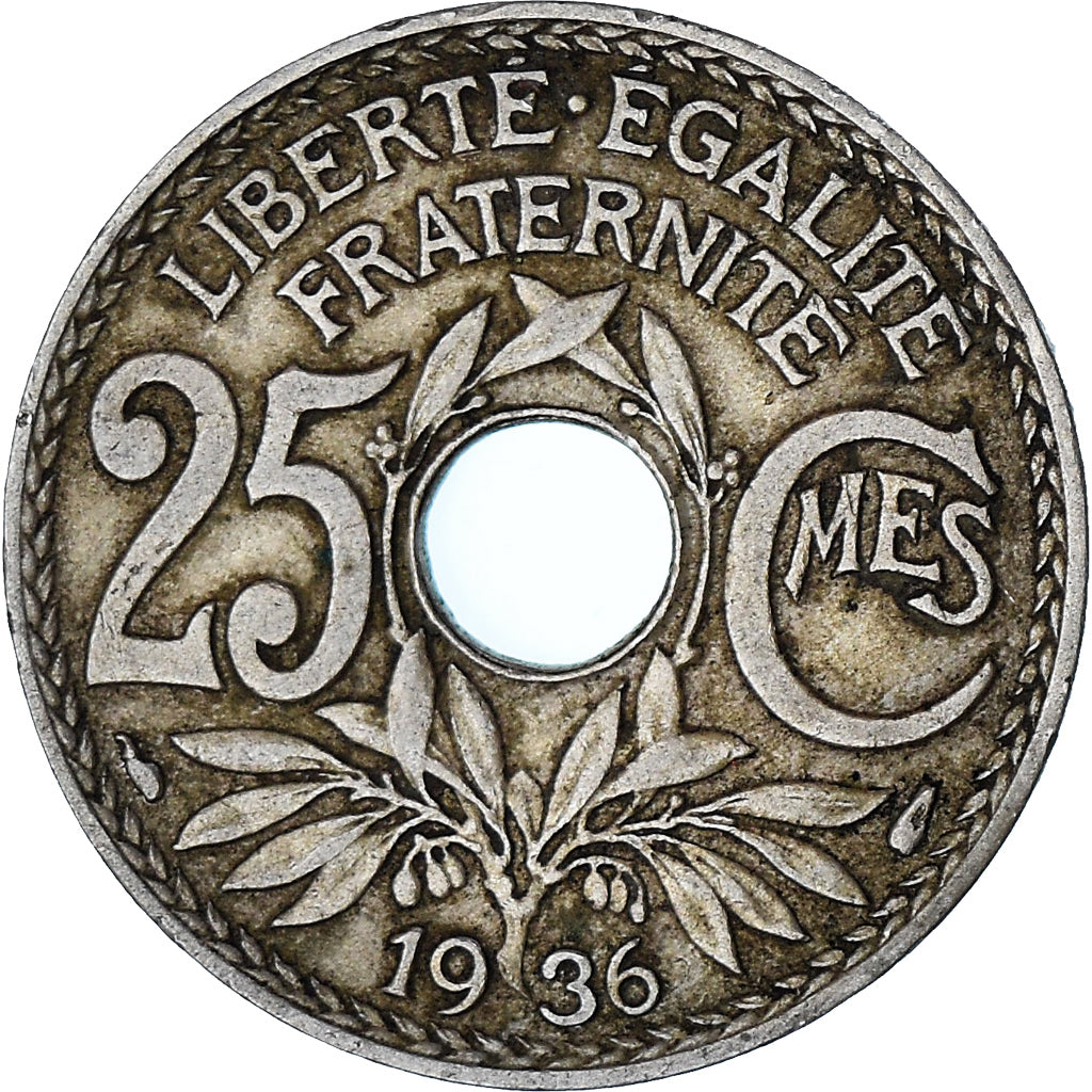 France, Lindauer, 25 Centimes, 1936, Paris, EF(40-45), Copper-nickel, KM:867a