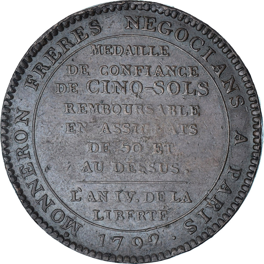 France, Monneron de 5 Sols, 1792, EF(40-45), Bronze