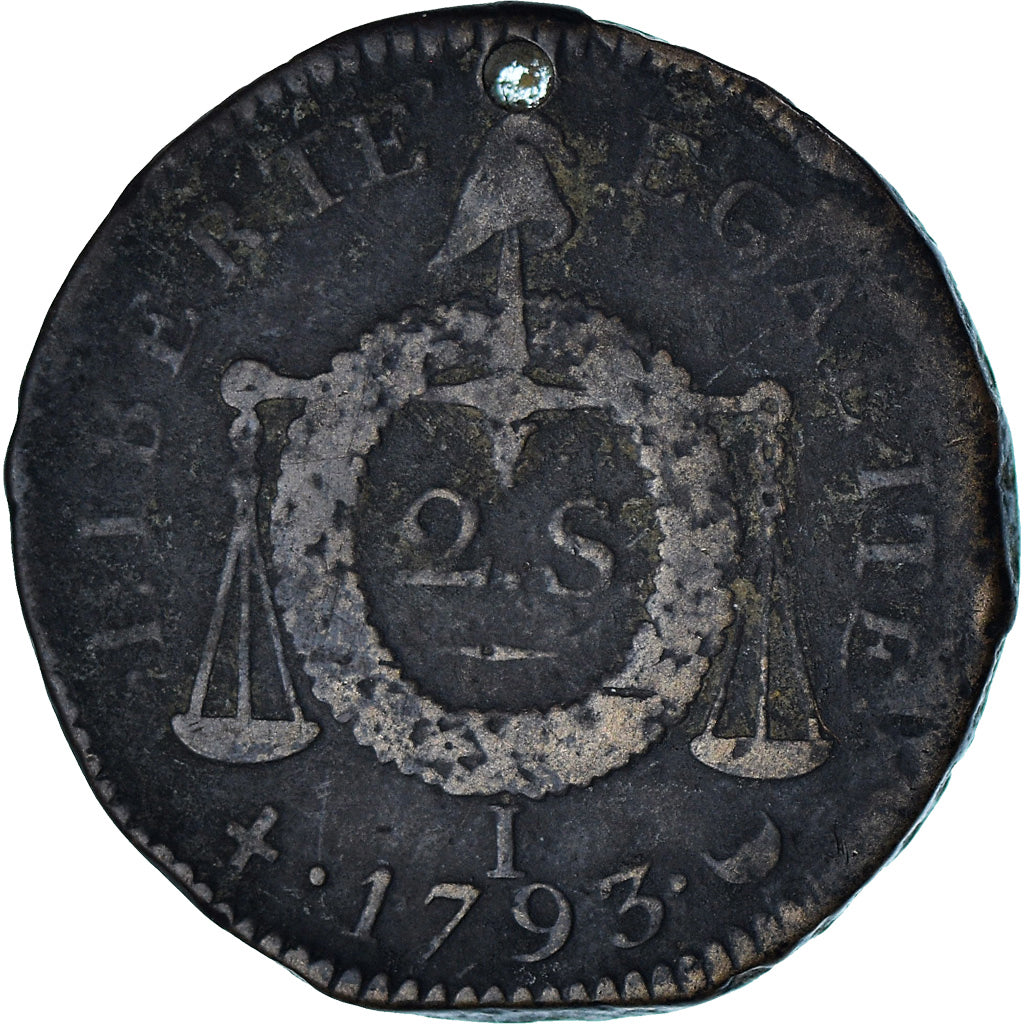 France, 2 sols aux balances daté, 1793 / AN II, Limoges, B+, Cuivre